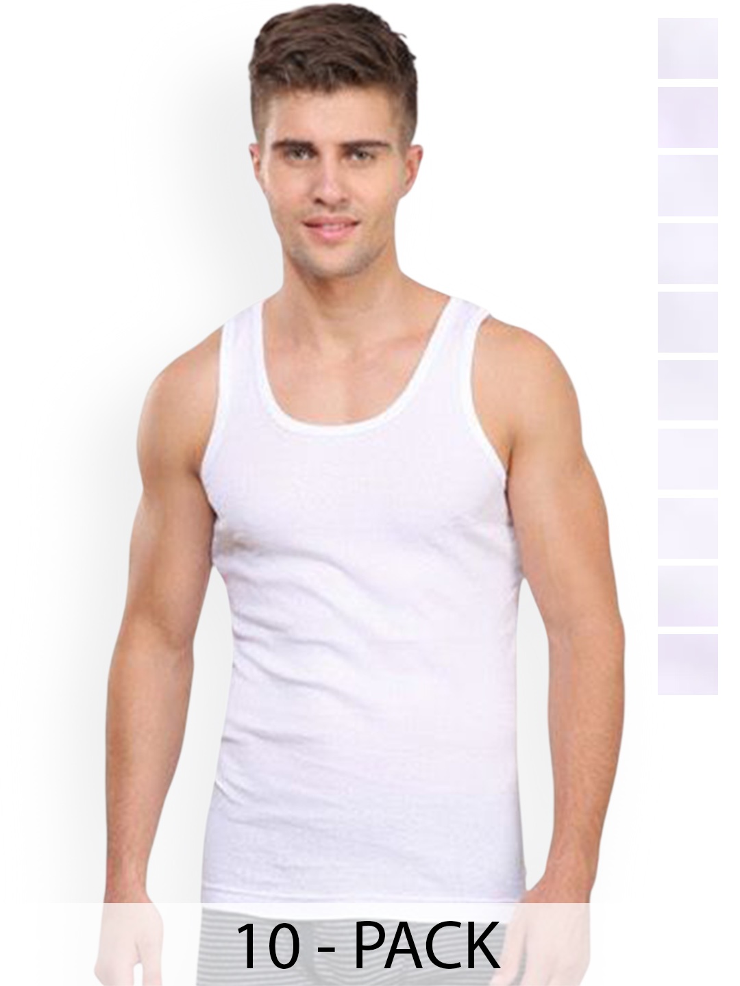 

Rupa Pack Of 10 Striped Pure Cotton Undershirt Vests Frontline-Rib-White-RN-10-80