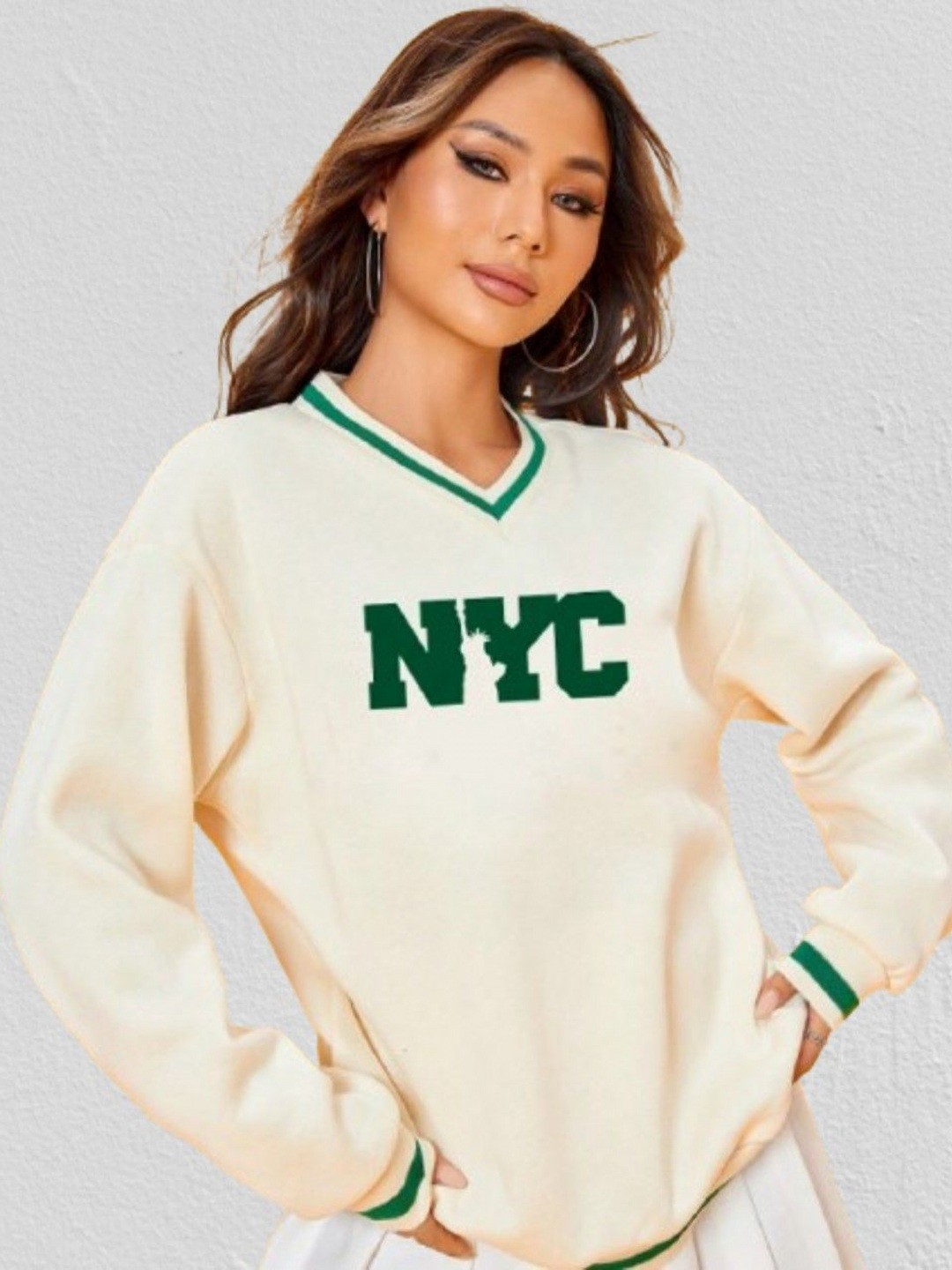 

Moda Rapido Women Varsity Printed V-Neck Sweatshirt, Off white
