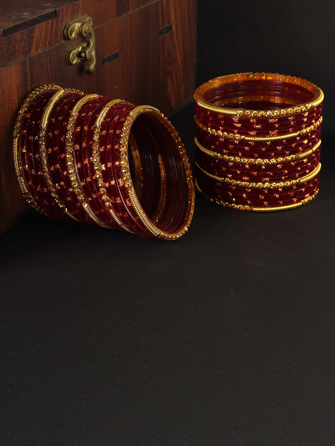 

NMII Set Of 34 Artificial Stones Studded Velvet Bangles, Maroon