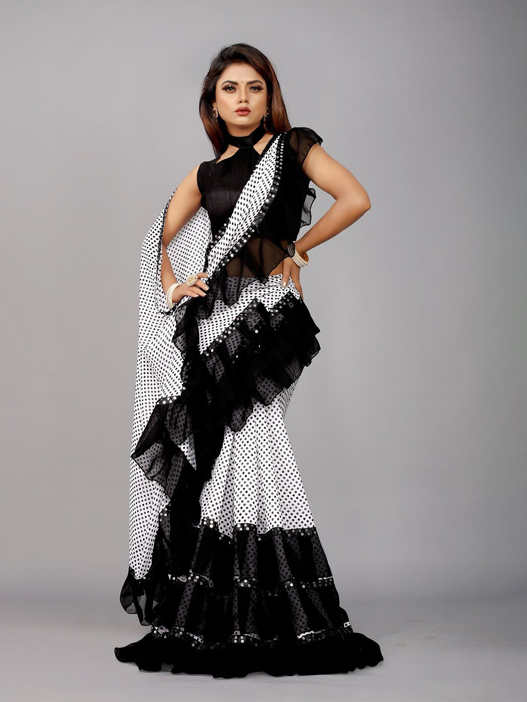 

Moda Rapido Polka Dot Printed Mirror Work Pure Georgette Leheriya Ruffles Saree, Black
