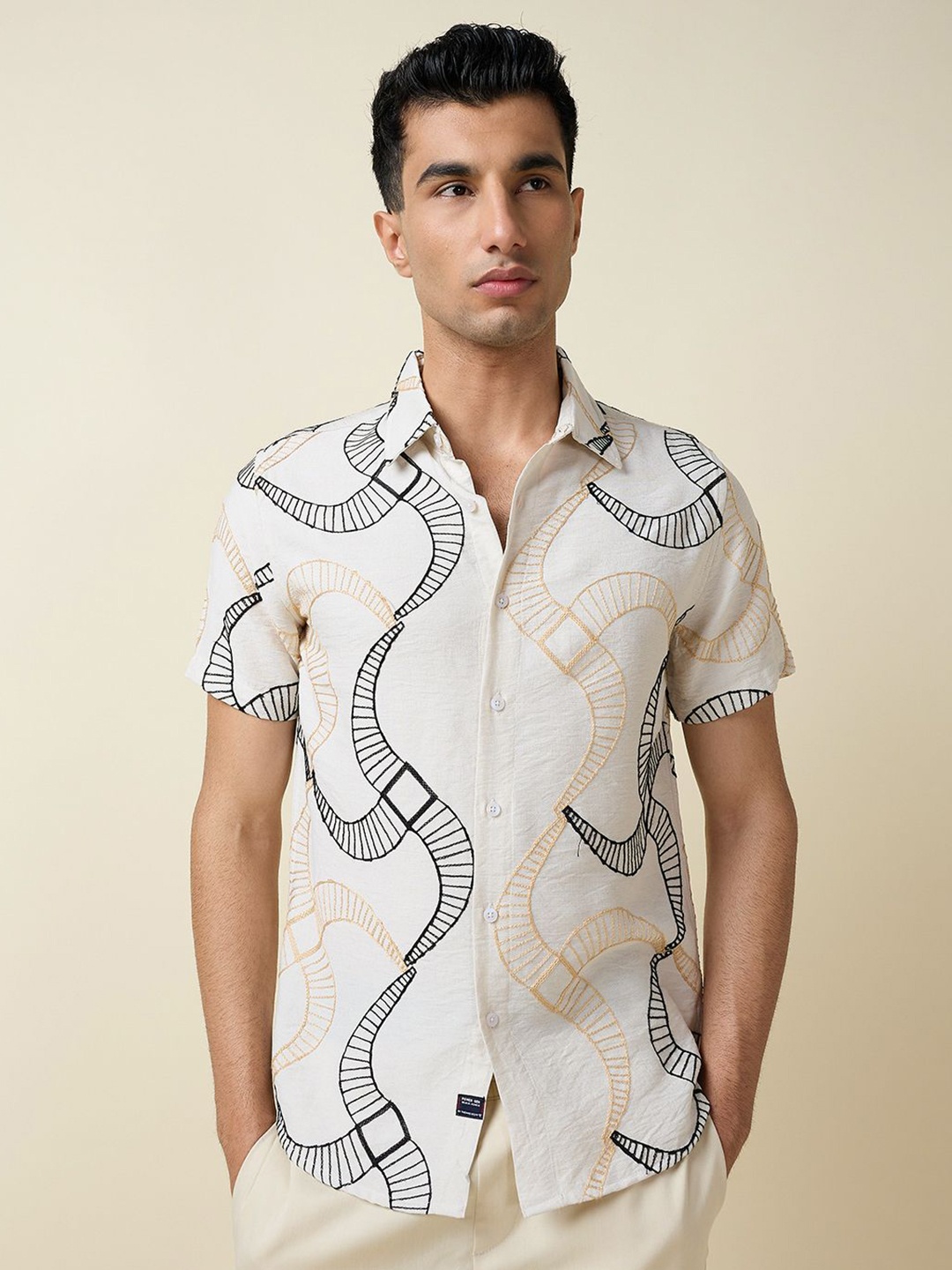 

Thomas Scott Men Embroidered Regular Fit Casual Shirt, Beige