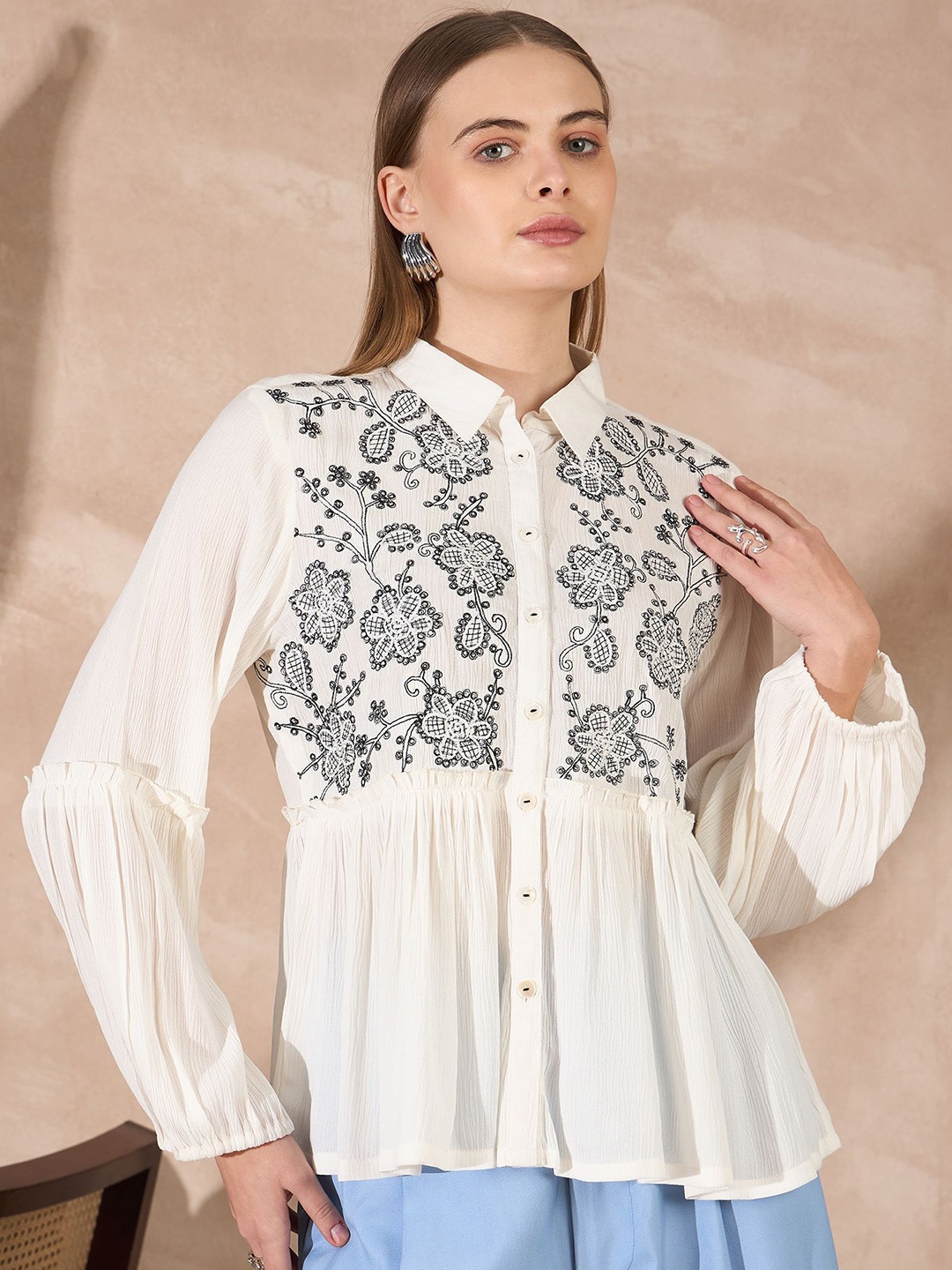 

all about you Women Floral Embroidered Shirt Collar Top, White