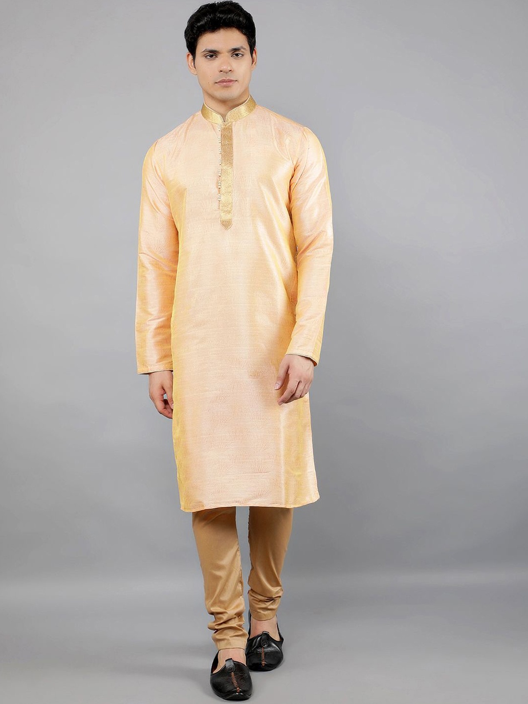 

Manish Creations Woven Design Mandarin Collar Jacquard Straight Kurta With Churidar, Peach