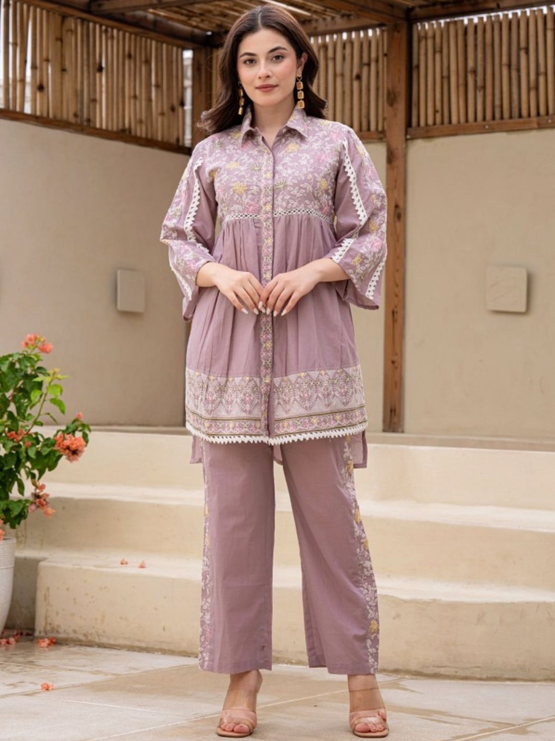 

ANUSHEET Embroidered Shirt With Trousers Co-Ords, Lavender