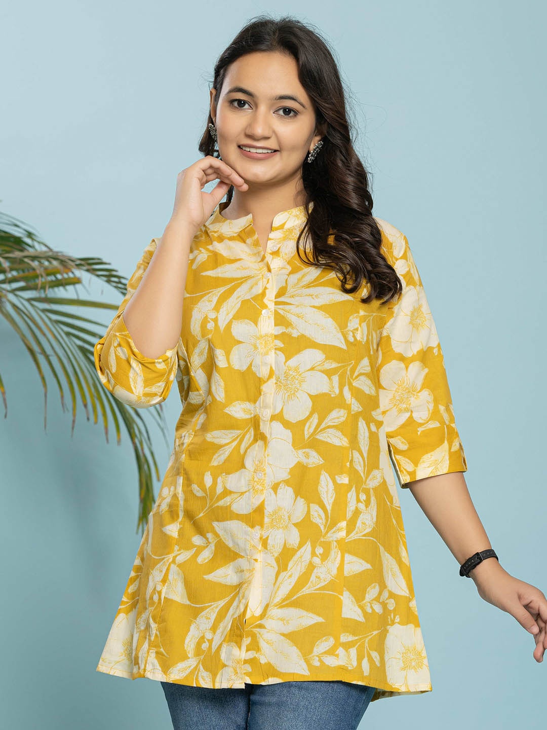 

KALINI Women Floral Mandarin Collar Printed Roll-Up Sleeves Pure Cotton Kurti, Yellow