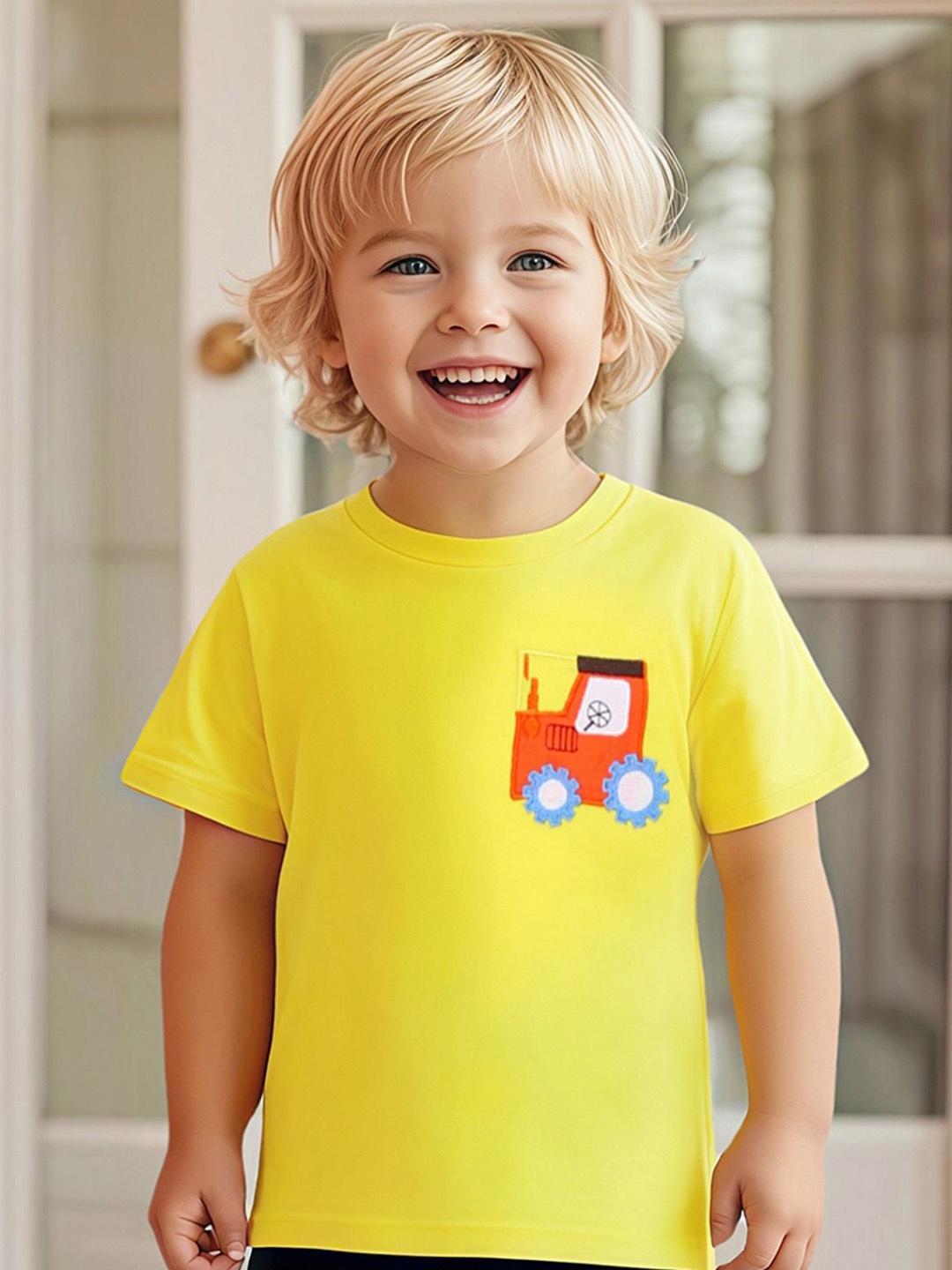 

LULU & SKY Boys Graphic Printed Round Neck Cotton T-shirt, Yellow