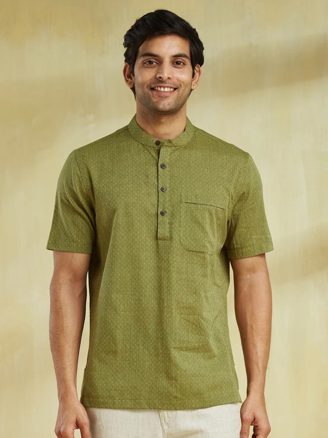 

Fabindia Men Band Collar Geometric Printed Cotton Casual Shirt, Green
