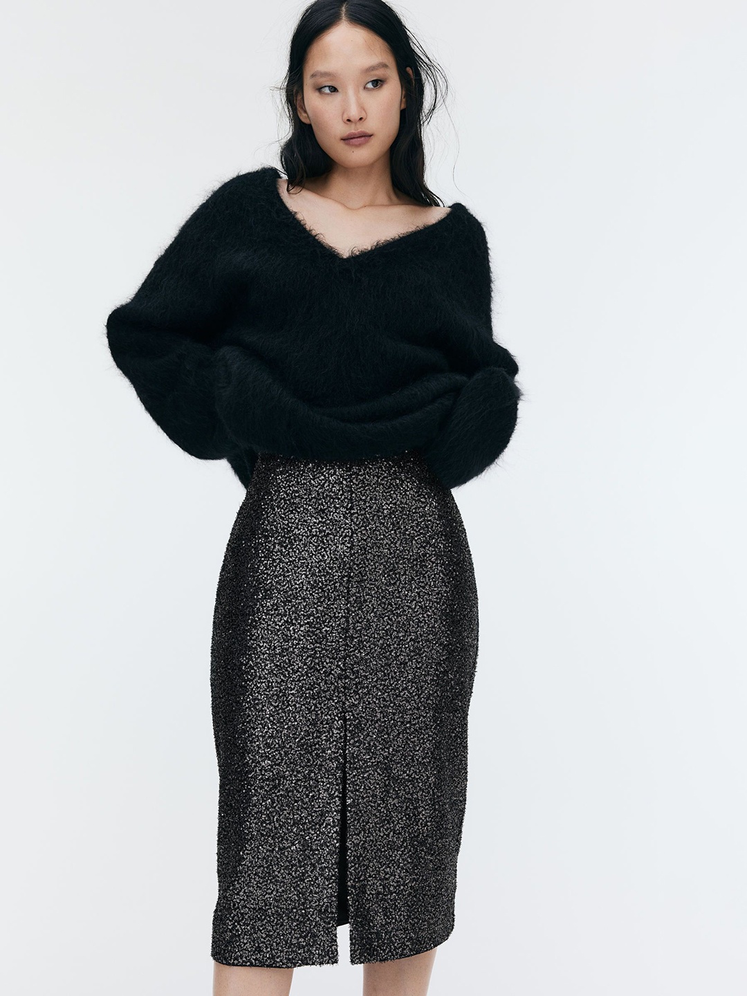 

H&M Sequined Midi Skirt, Black