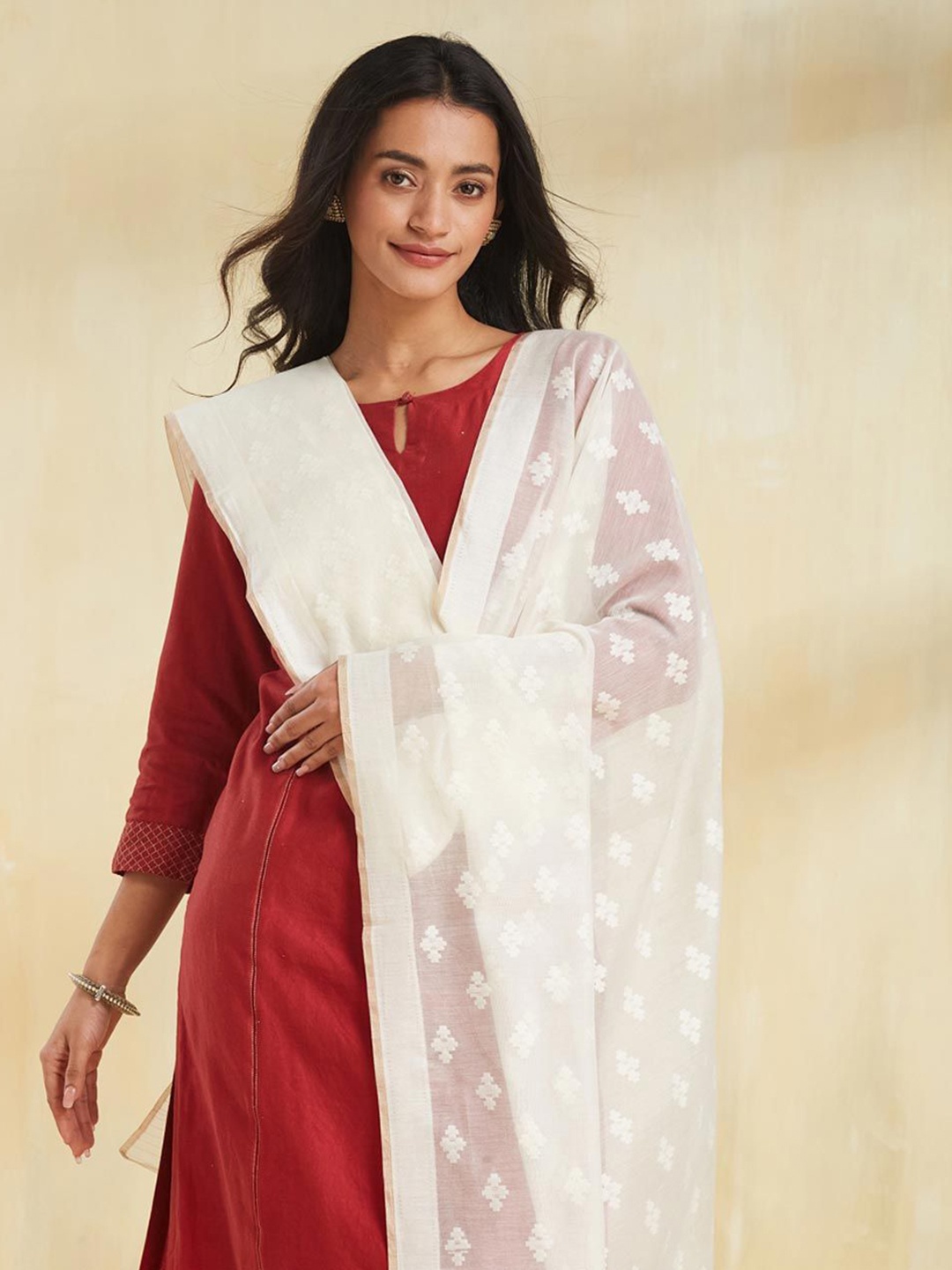 

Fabindia Woven Design Cotton Silk Dupatta, White