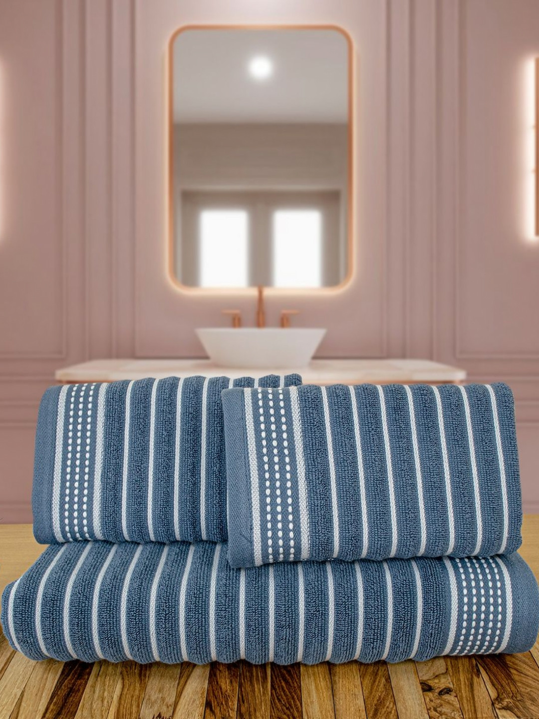 

Myntra Elegant Homes Regatta Blue & White 3 Pieces Striped Pure Cotton 530 GSM Towel Set