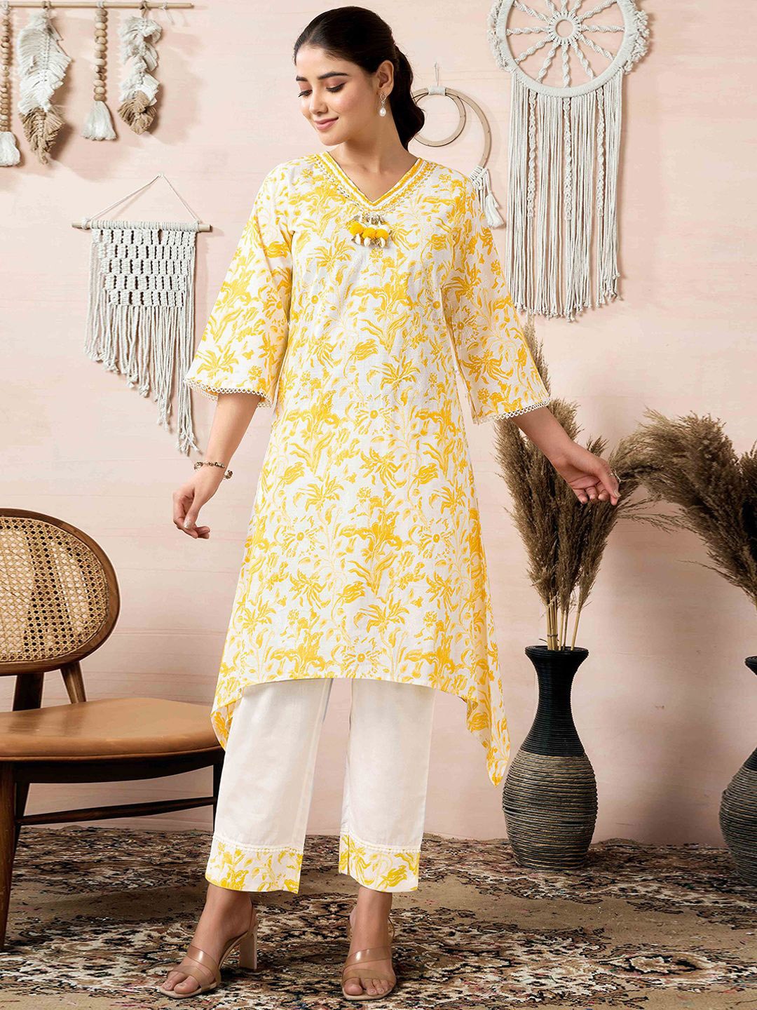 

Peachmode Floral Printed V-Neck Mirror Work Pure Cotton Straight Kurta And Trouser, White