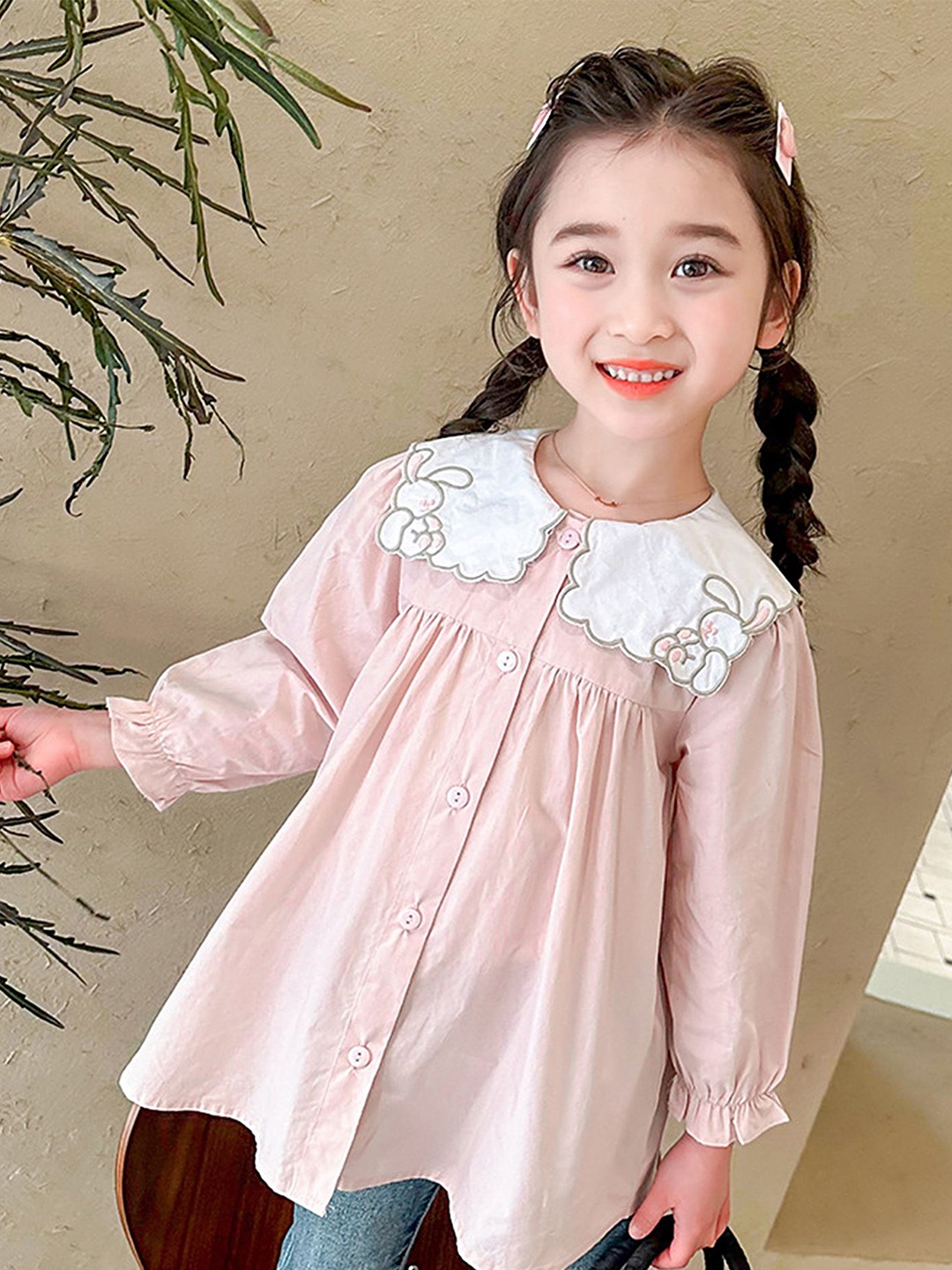 

LULU & SKY Girls Oversized Fit Spread Collar Solid Cotton Casual Shirt, Pink