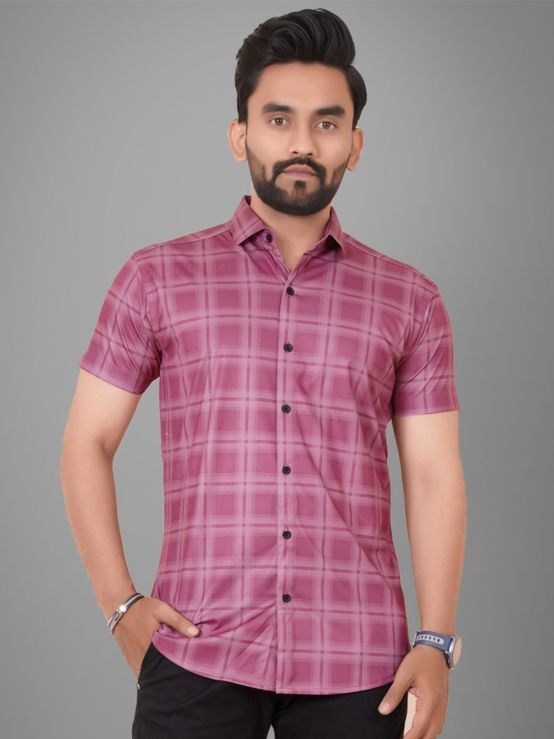 

Metronaut Men Regular Fit Spread Collar Checked Elastane Casual Shirt, Peach