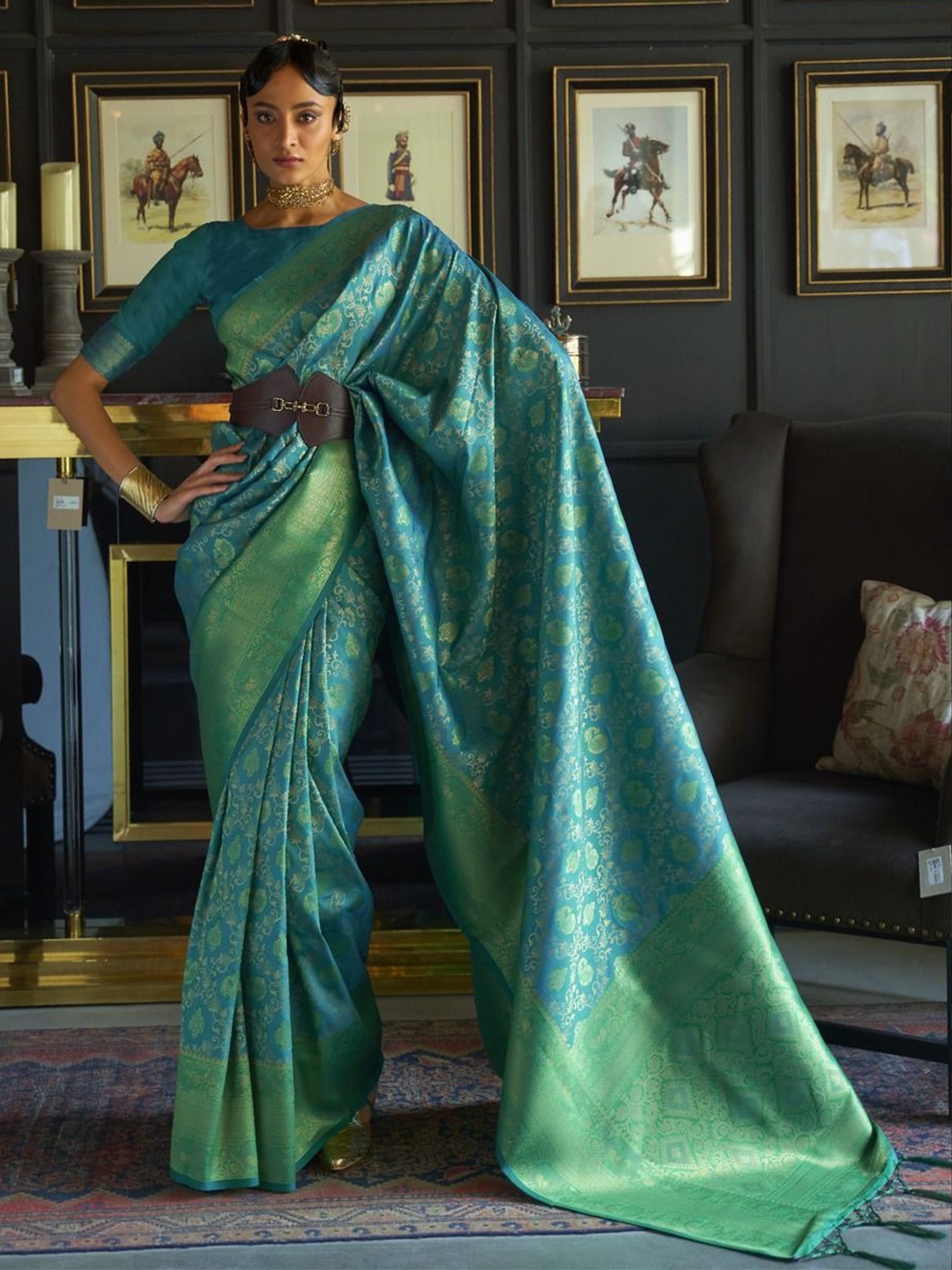 

Anouk Woven Design Zari Silk Blend Banarasi Saree, Turquoise blue