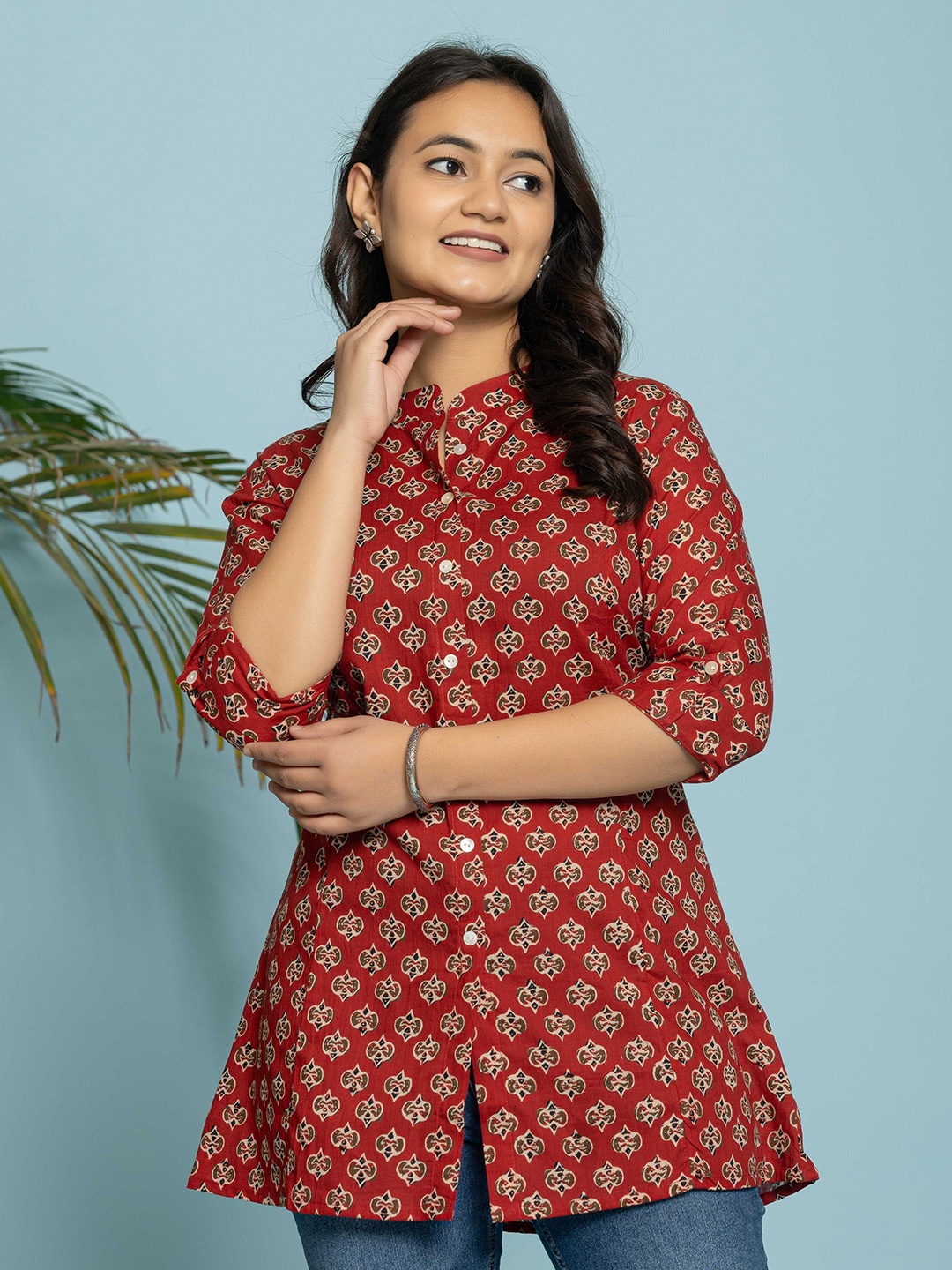 

INDYES Ethnic Motifs Printed Pure Cotton Pleated Kurti, Red