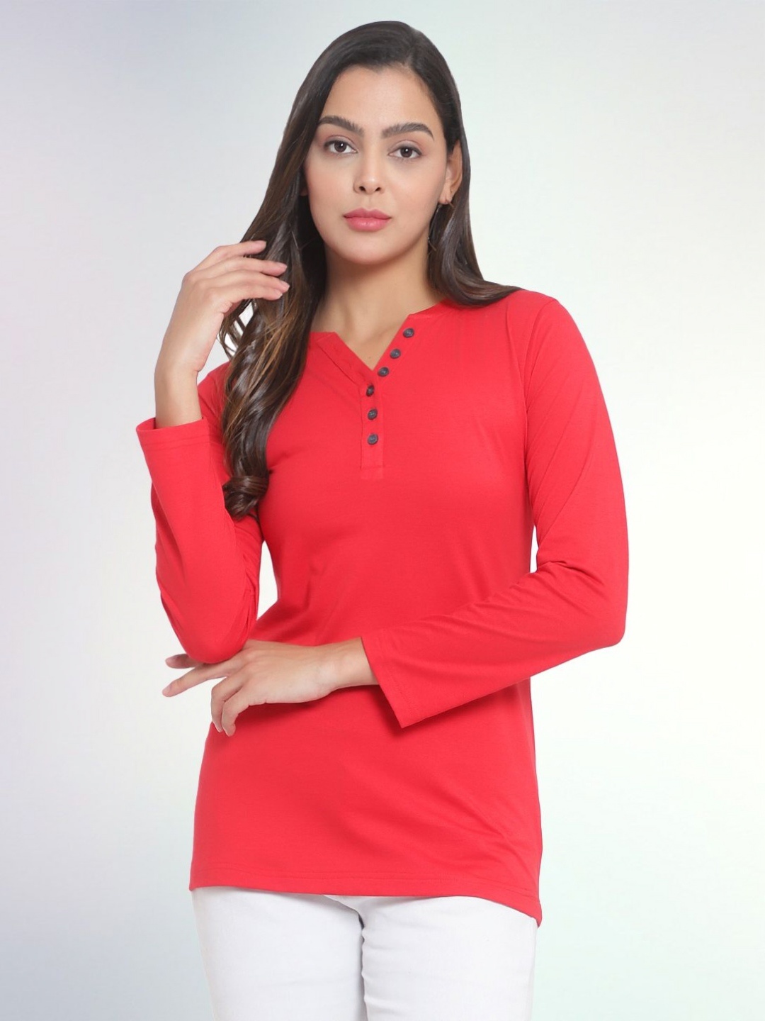 

Boldwink Women Solid V-Neck Cotton Slim Fit T-shirt, Red