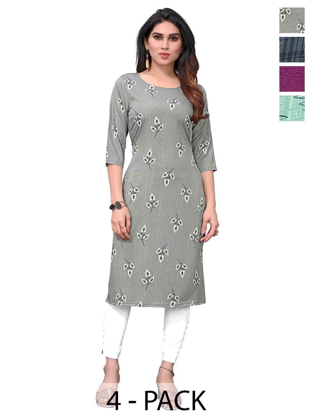 

KETAKI FASHION Selection Of 4 Floral Printed Round Neck Straight Kurtas, Grey