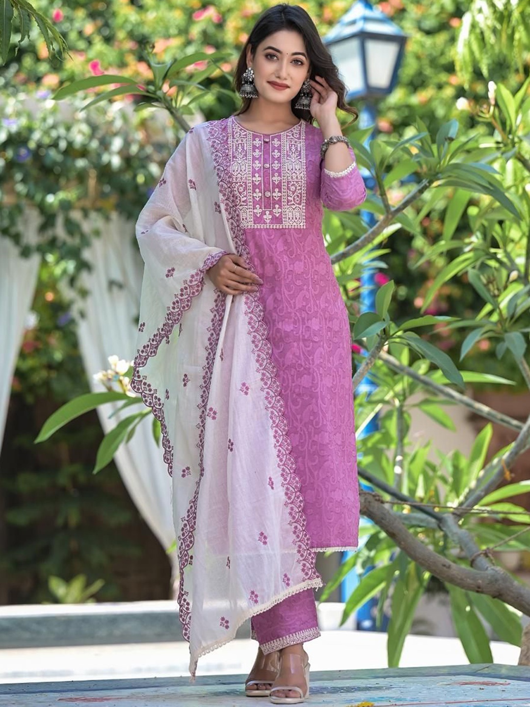 

Gauric creation Floral Embroidered Pure Cotton Straight Kurta With Trousers & Dupatta, Lavender