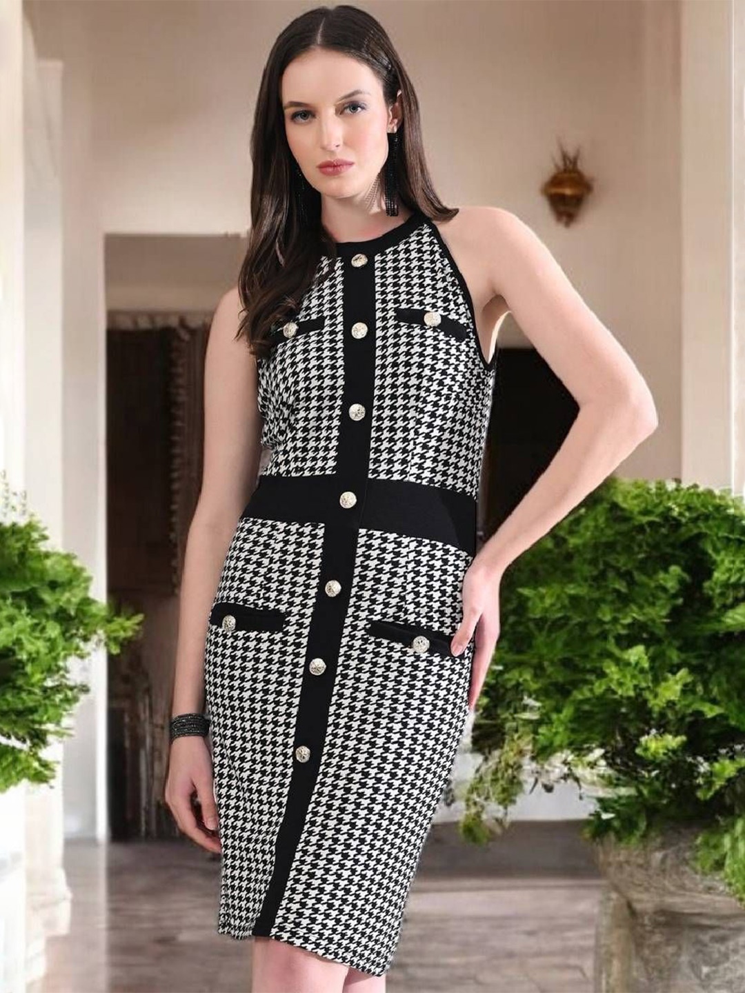

ZEUGEN Women Abstract Printed Bodycon Knee Length Dress, Black