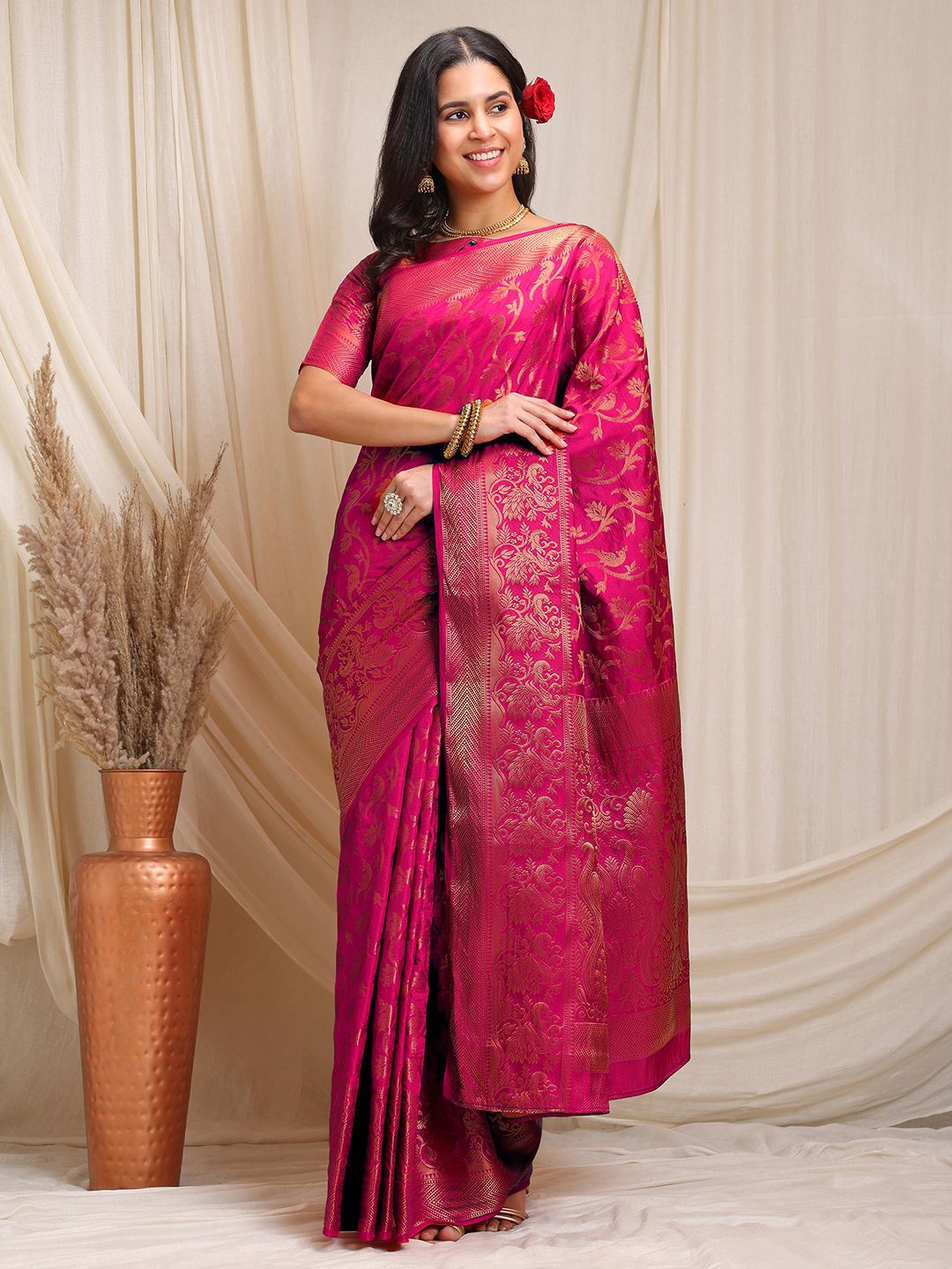 

RAJGRANTH Woven Design Zari Pure Silk Banarasi Saree, Pink