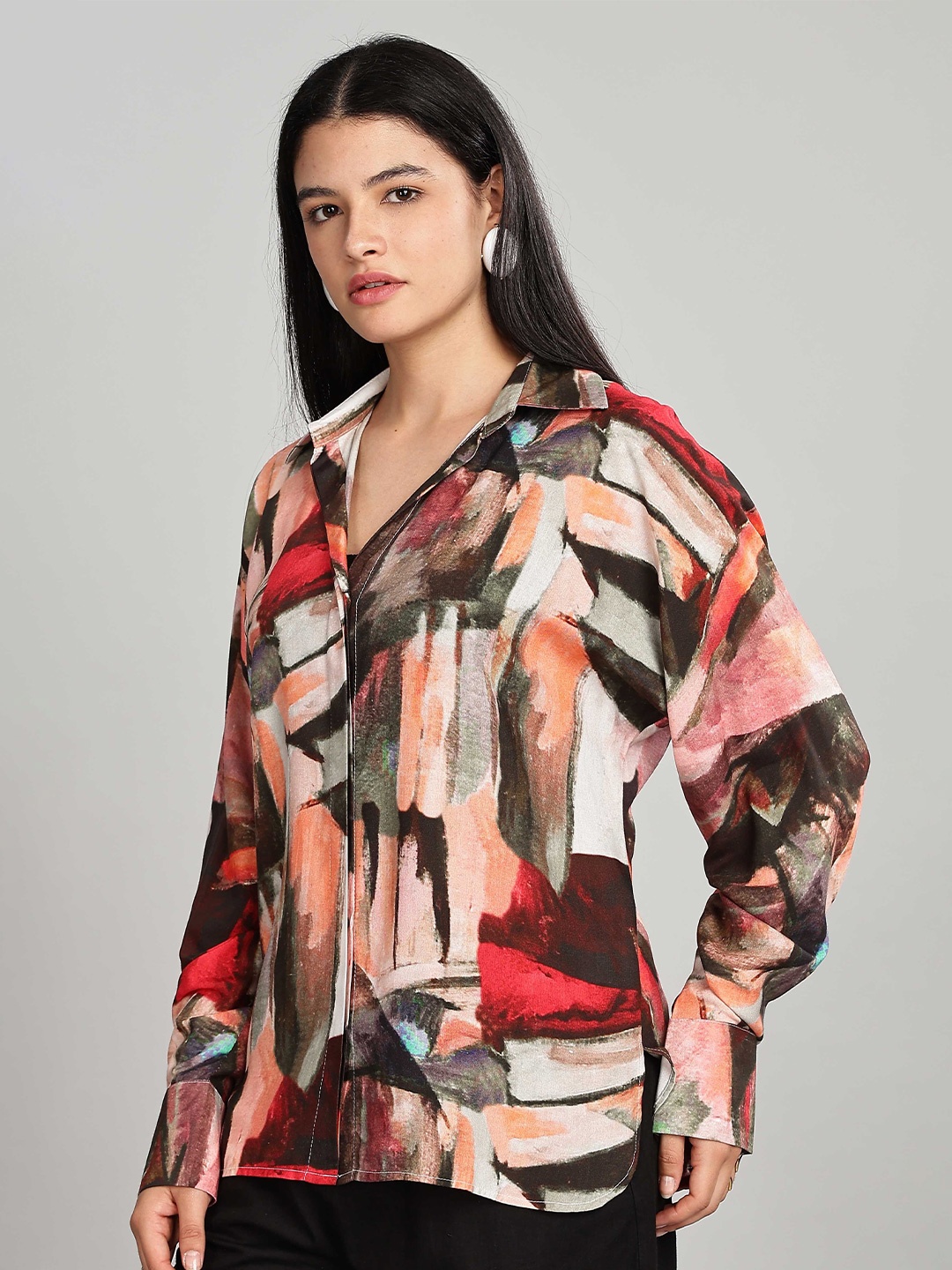 

HERE&NOW Women Relaxed Fit Spread Collar Abstract Printed Casual Shirt, Beige