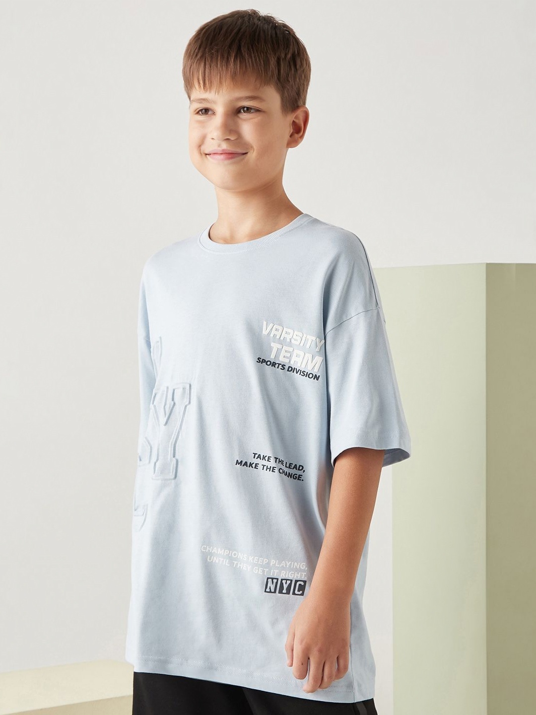 

max Boys Typography Printed Round Neck Cotton Relaxed Fit T-shirt, Grey