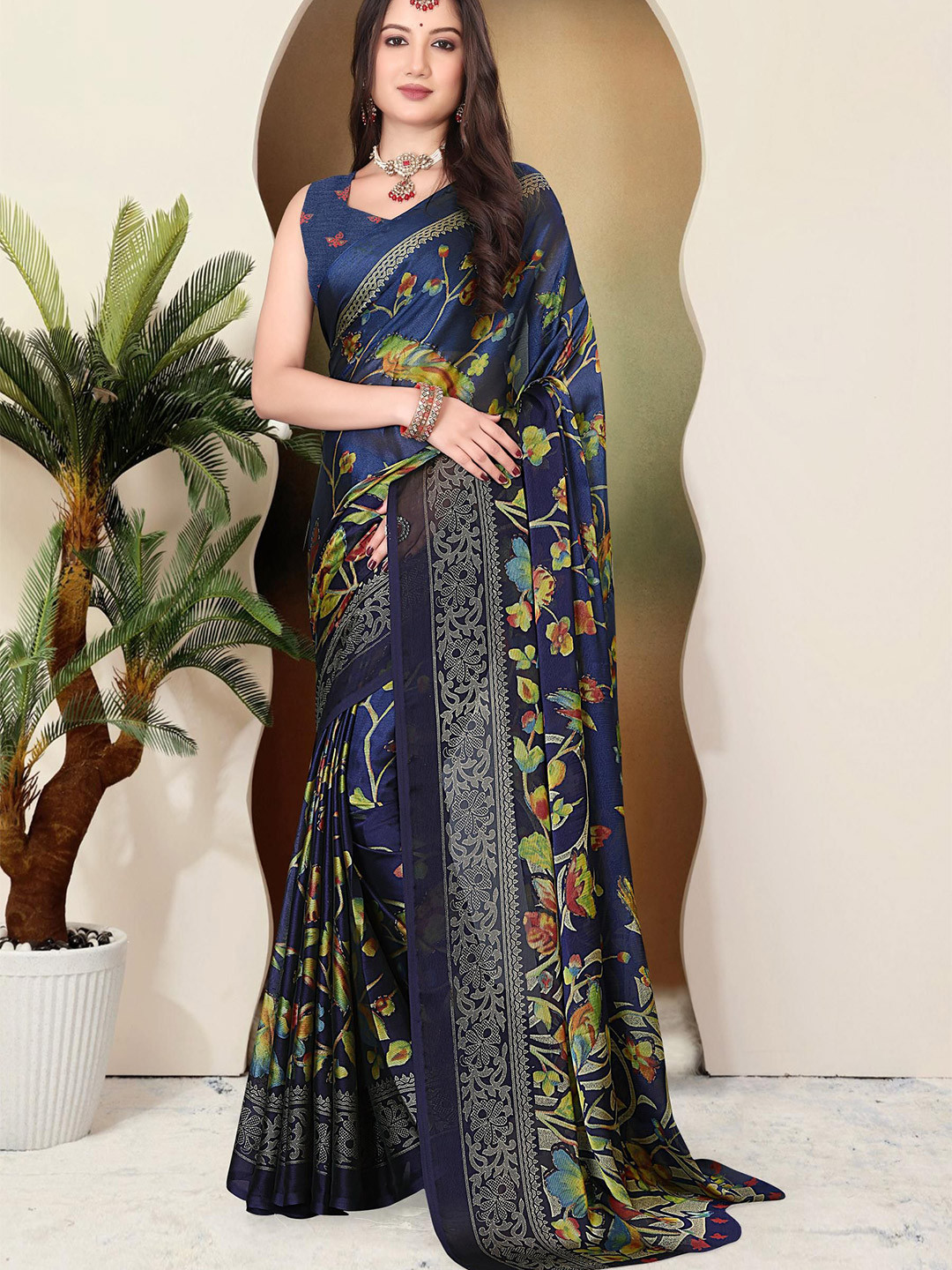 

SUPERLAXMI Floral Printed Pure Chiffon Saree, Navy blue