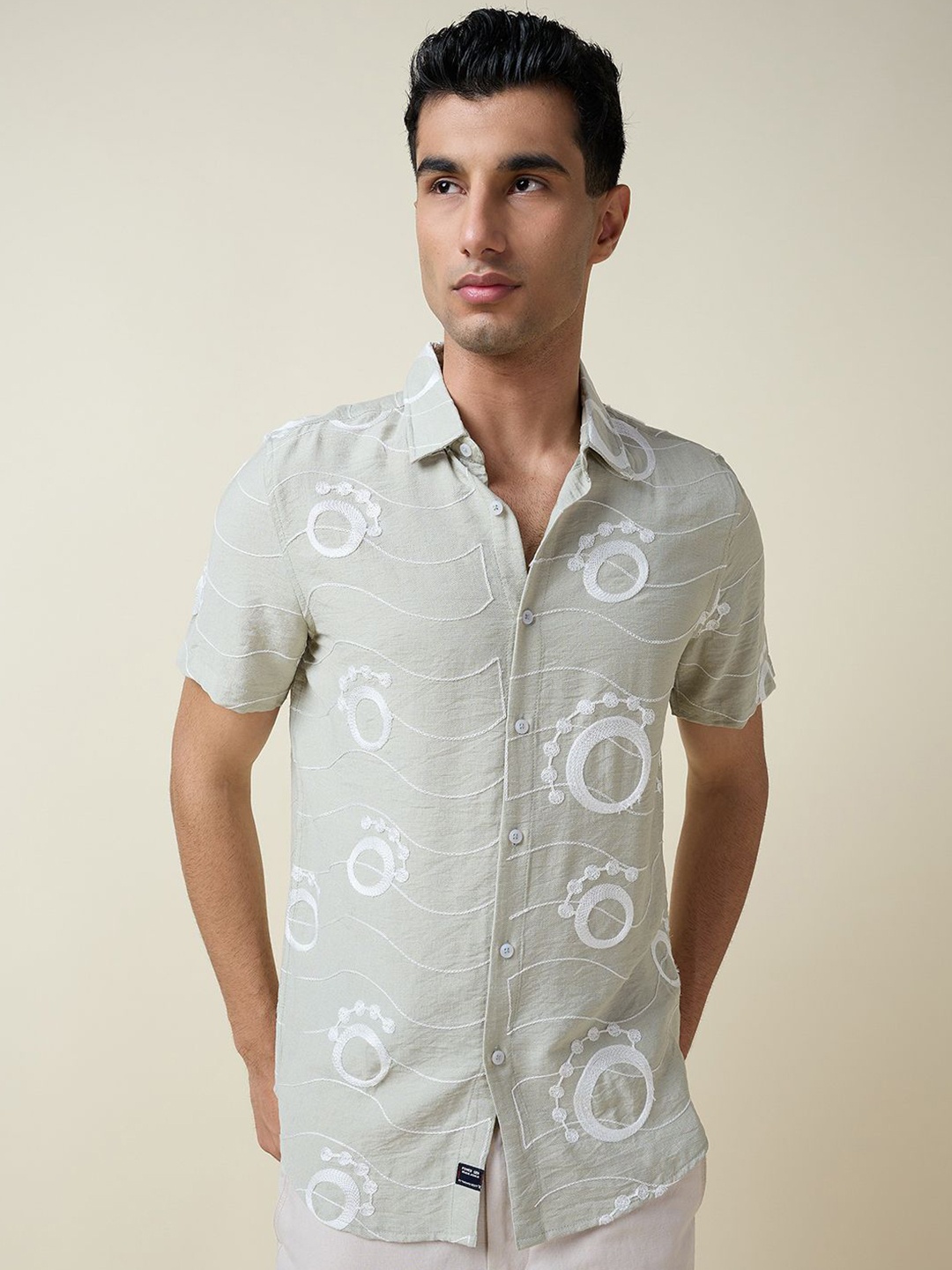 

Thomas Scott Men Embroidered Regular Fit Casual Shirt, Green