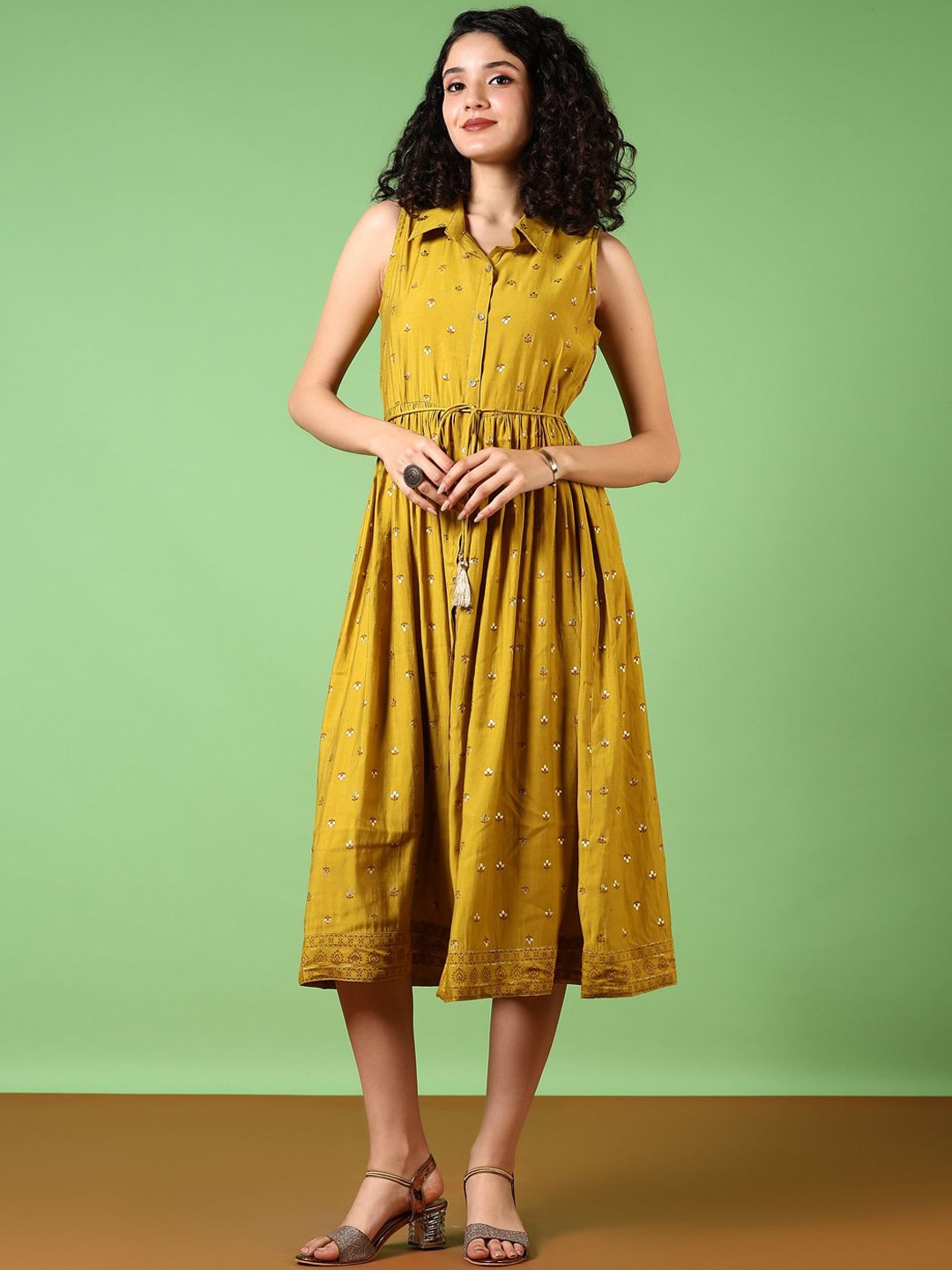 

V-Mart Printed Cotton Fit & Flared Midi Ethnic Dresses, Yellow