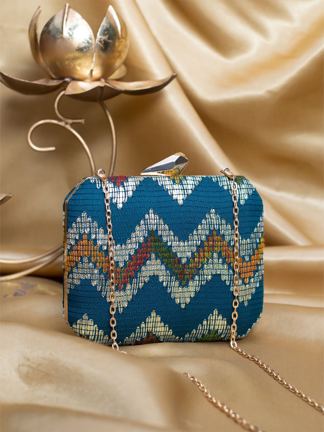 

ARTKLIM Zig Zag Embroidered Box Clutch, Blue