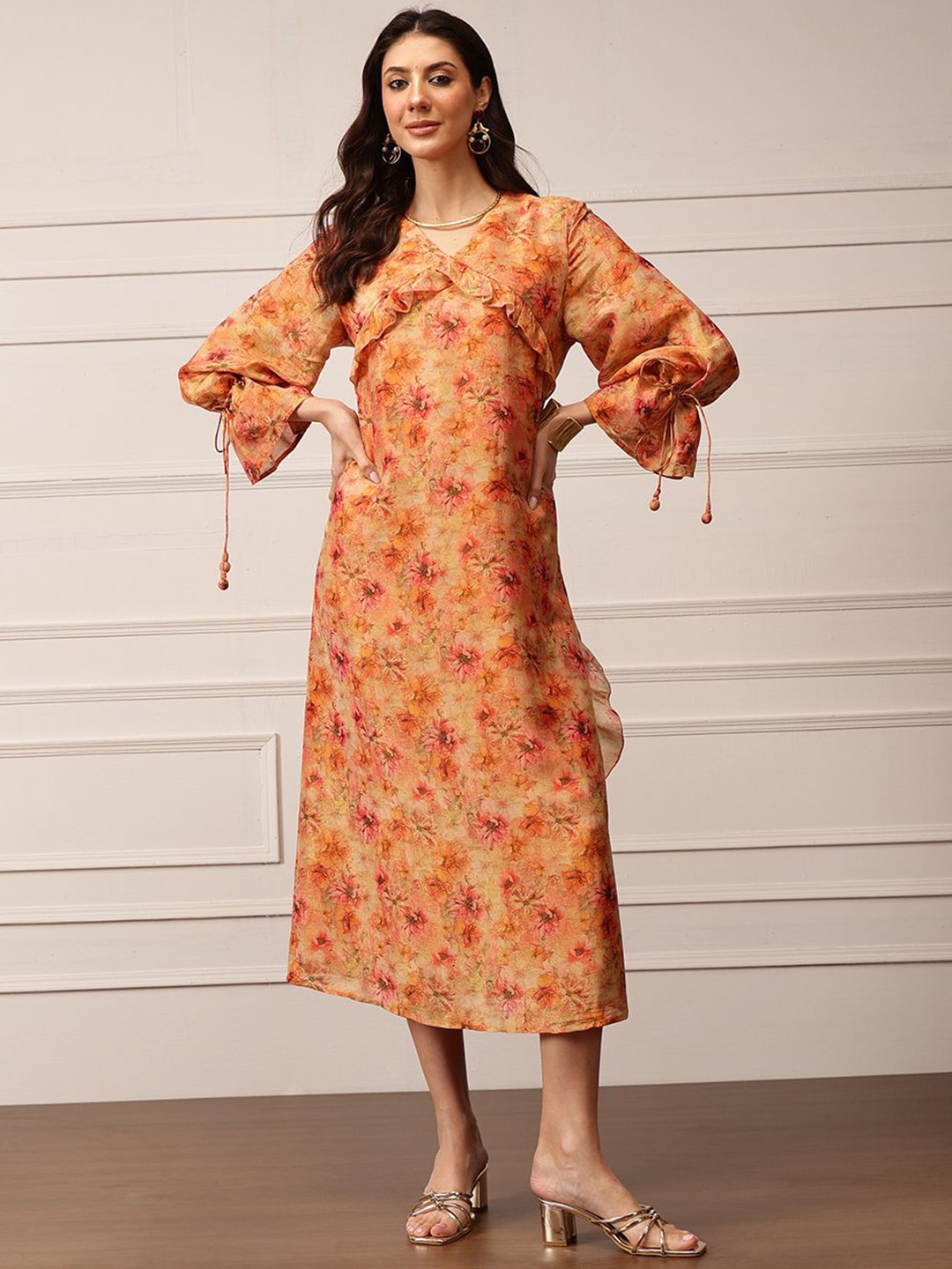 

HOUSE OF S Sunset Bloom Floral Printed Bell Sleeve Ruffled Empire Midi Dress, Orange