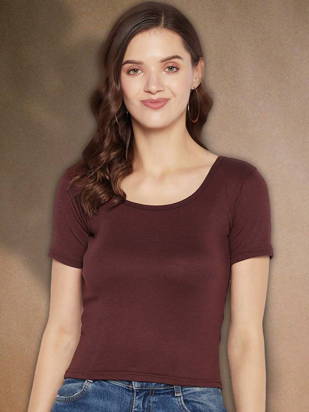 

Moda Rapido Women Ribbed Ribbed Round Neck Regular Fit Top, Brown