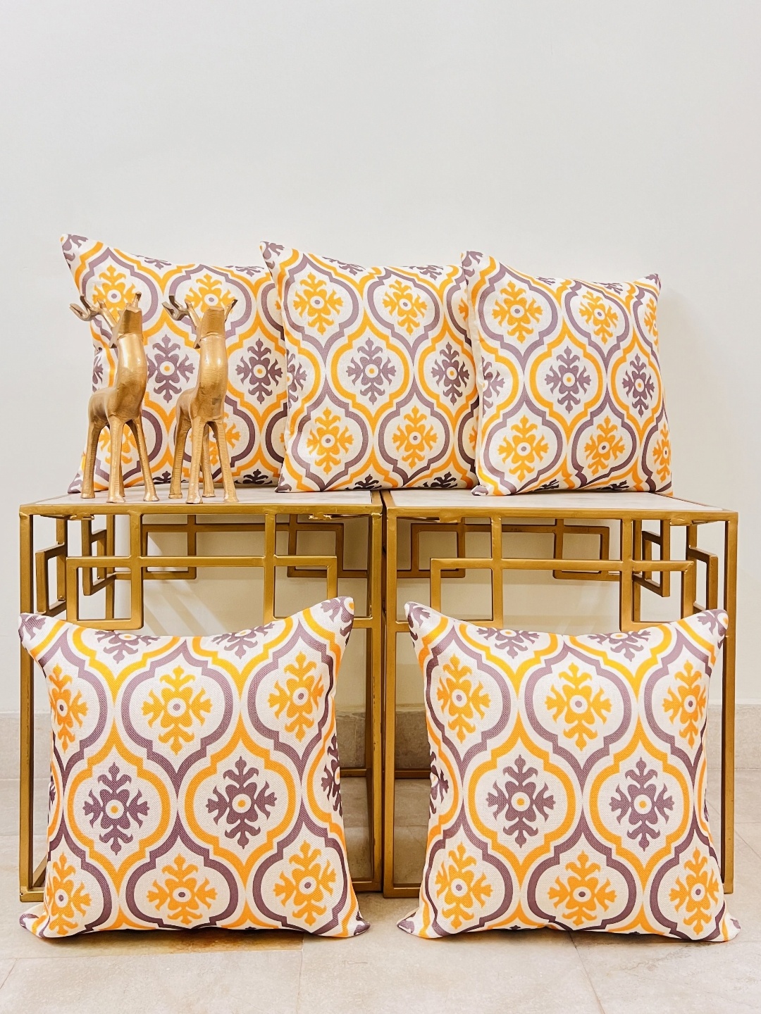 

DIHIKA Yellow & Grey 5 Pieces Ethnic Motifs Printed Jute Cotton Square Cushion Covers
