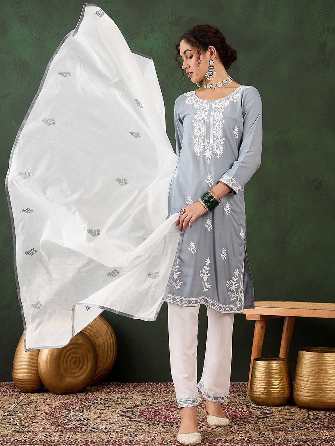 

MANVAA Women Embroidered Regular Thread Work Kurta with Trousers & With Dupatta, Grey