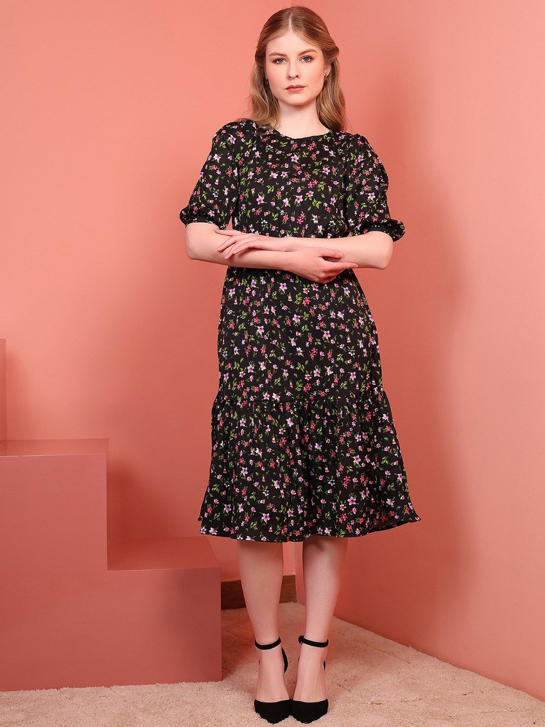 

Istyle Can Floral Print Crepe A-Line Midi Dress, Black