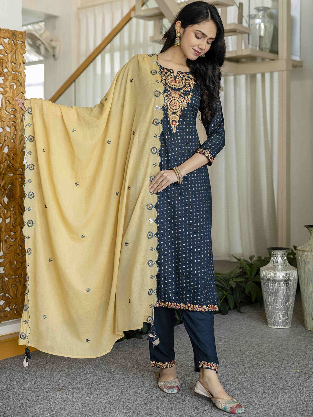 

Gauric creation Ethnic Motifs Printed Gotta Patti Straight Kurta With Trousers And Dupatta, Blue