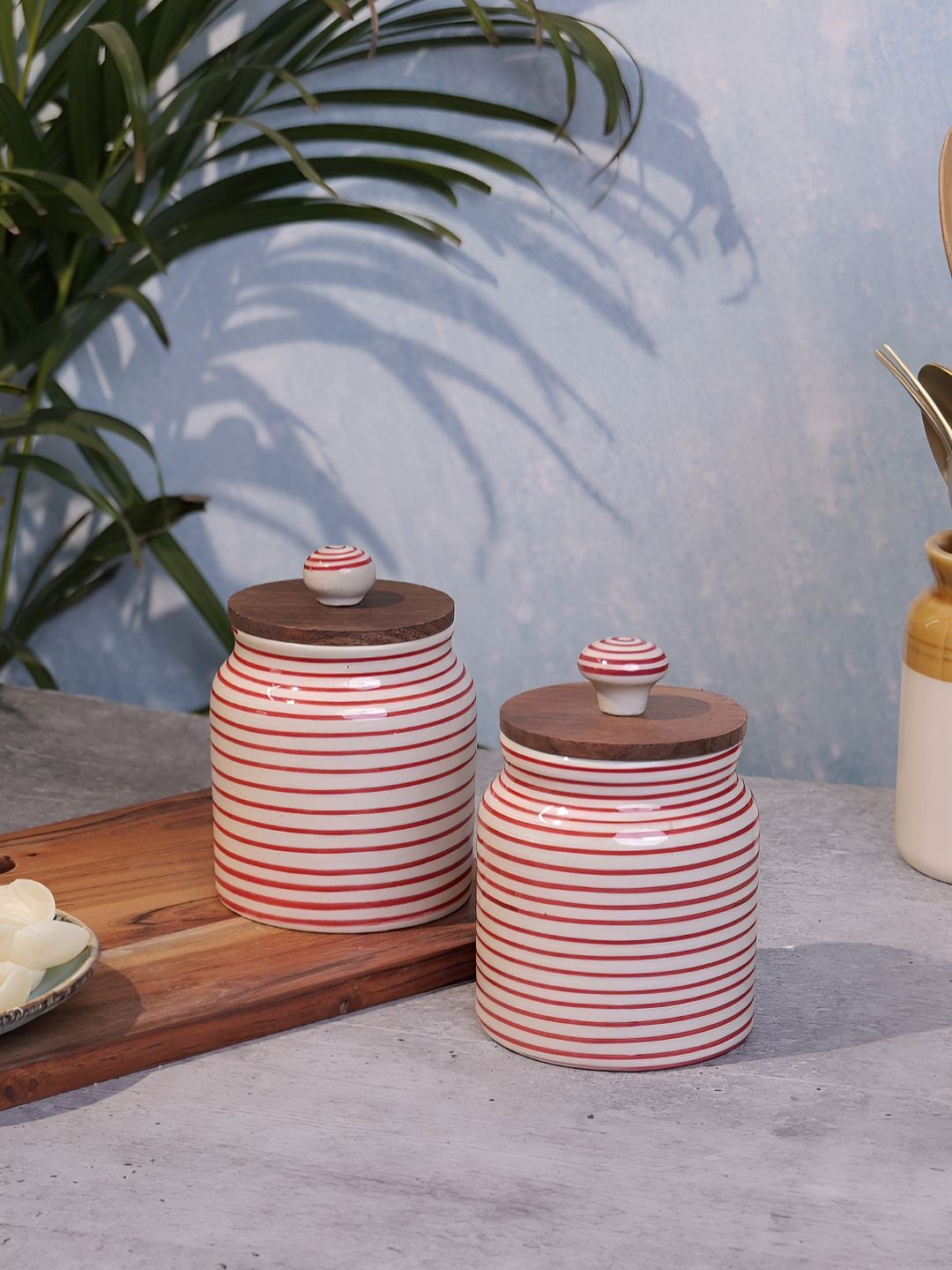 

Myntra Elegant Homes Red & White 2 Pieces Striped Ceramic Jar Containers 500ml