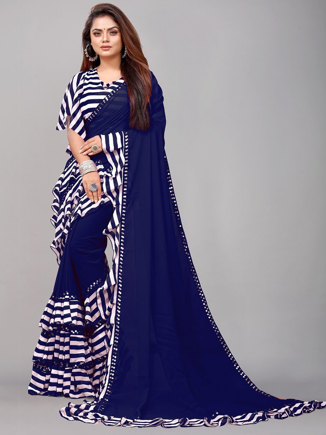 

Moda Rapido Leheriya Printed Mirror Work Saree, Navy blue