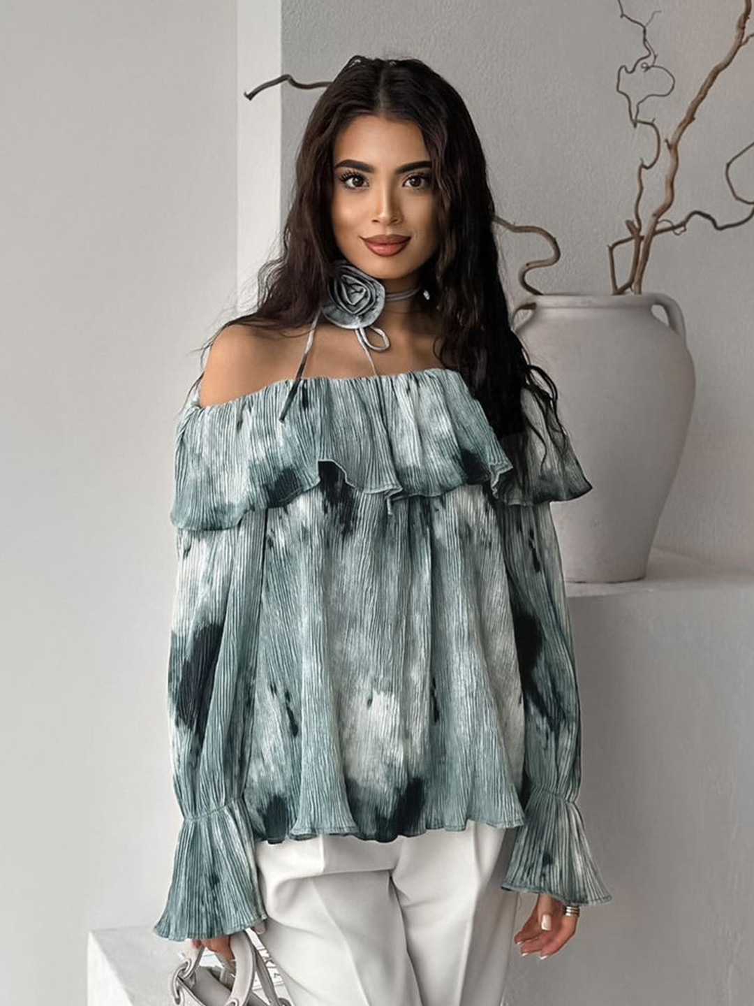 

MIAKEE Women Abstract Printed Off-Shoulder Bardot Top, Green