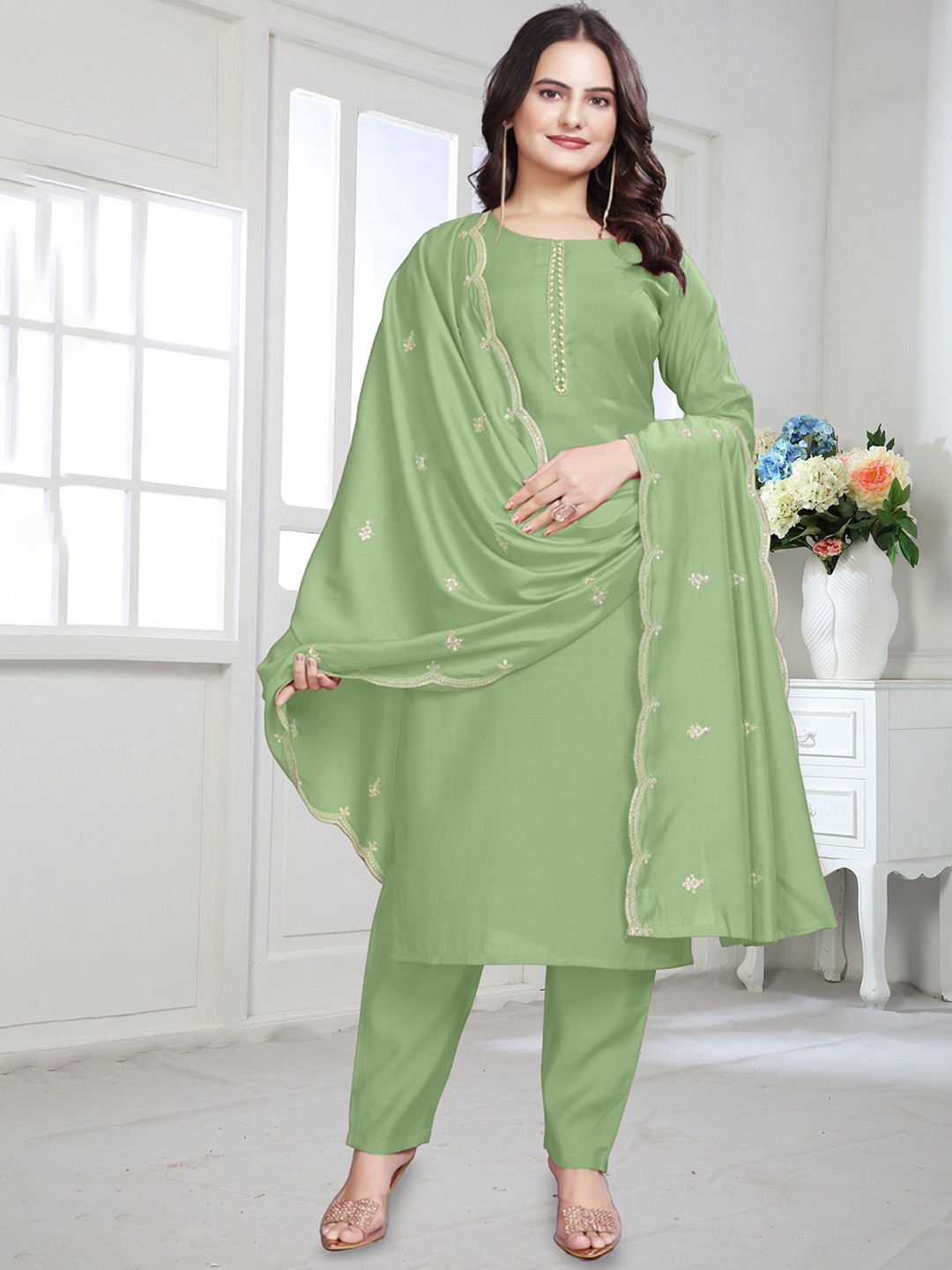 

SATPURUSH Stones & Beads Work Kurta With Trousers & Dupatta, Sea green