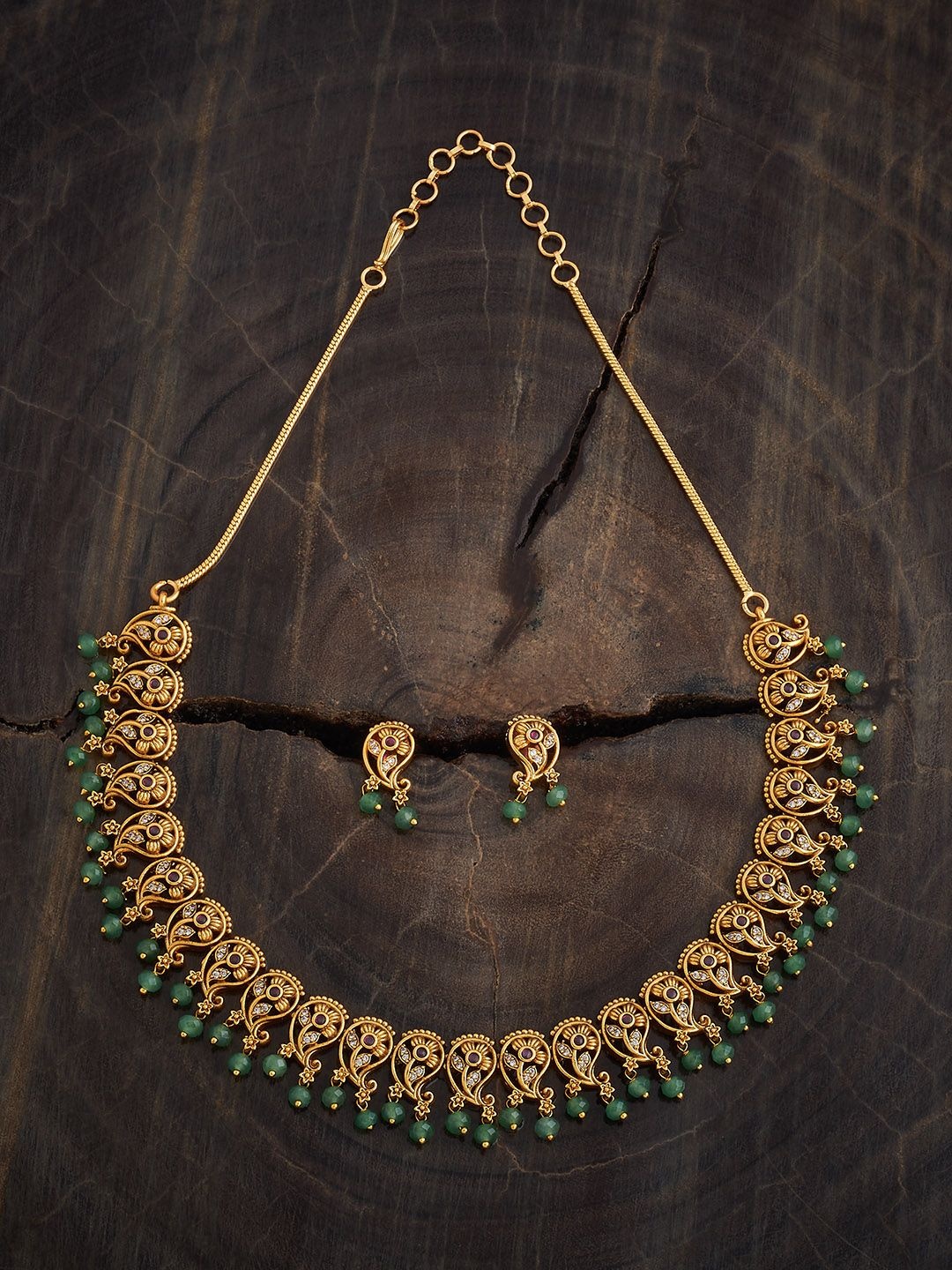 

Kushal's Fashion Jewellery Ruby-Green Gold-Plated Stone Studded & Beaded Antique Necklace