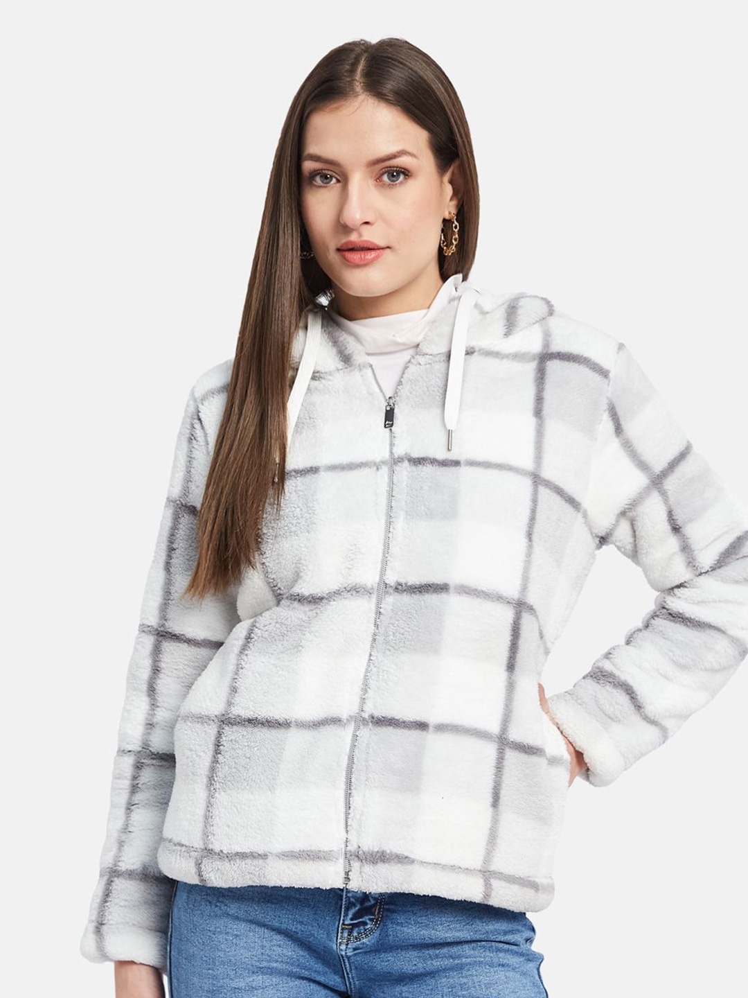 

METTLE Women Checked Hooded Sweatshirt, Grey