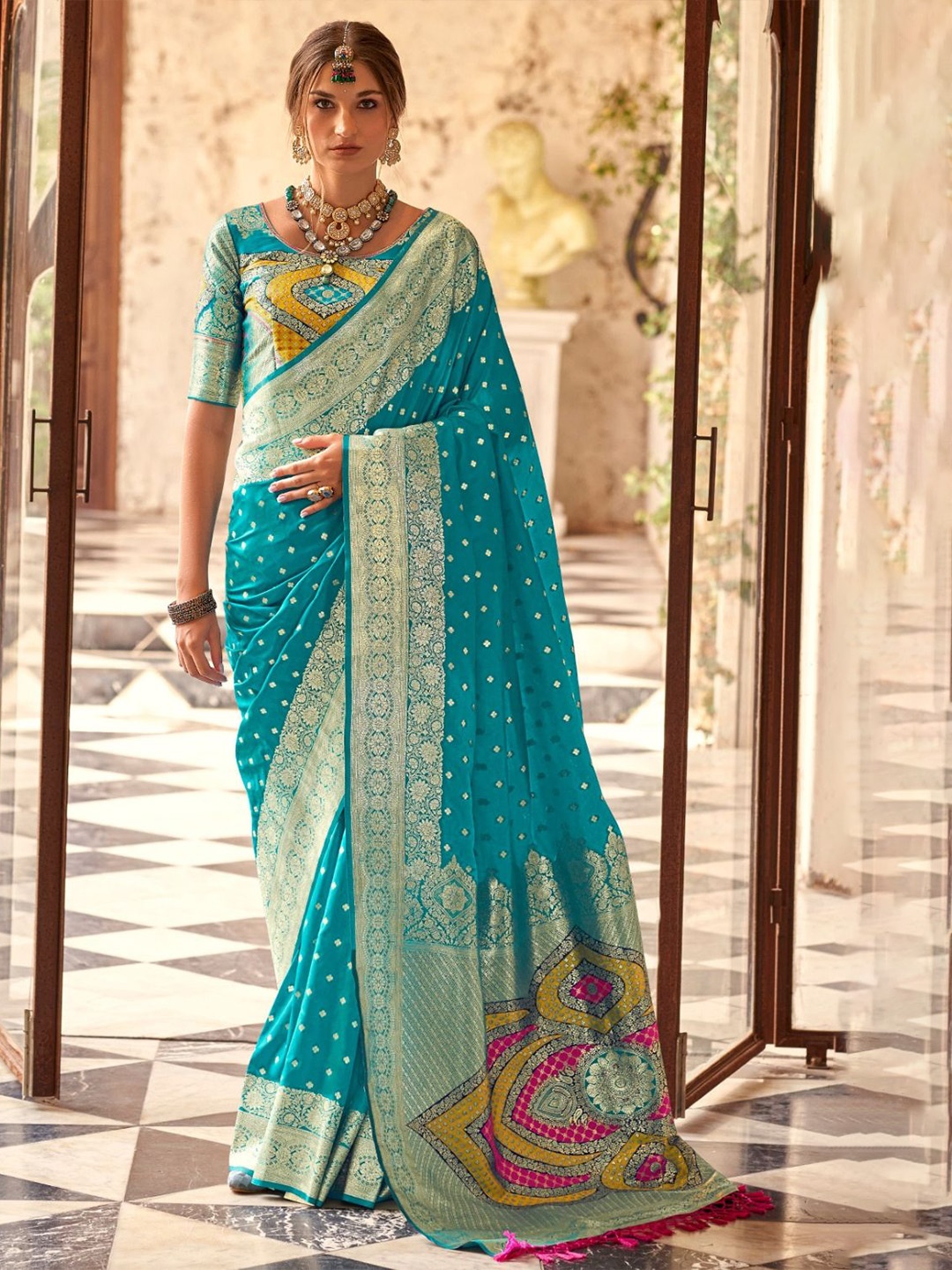 

DEVATITHI Woven Design Zari Blue Soft Silk Saree