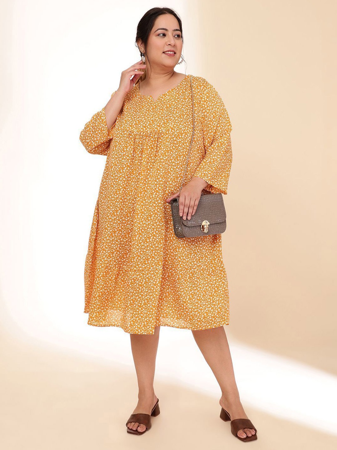 

DressBerry Curve Women Plus Size Floral Printed A-Line Midi Dress, Mustard