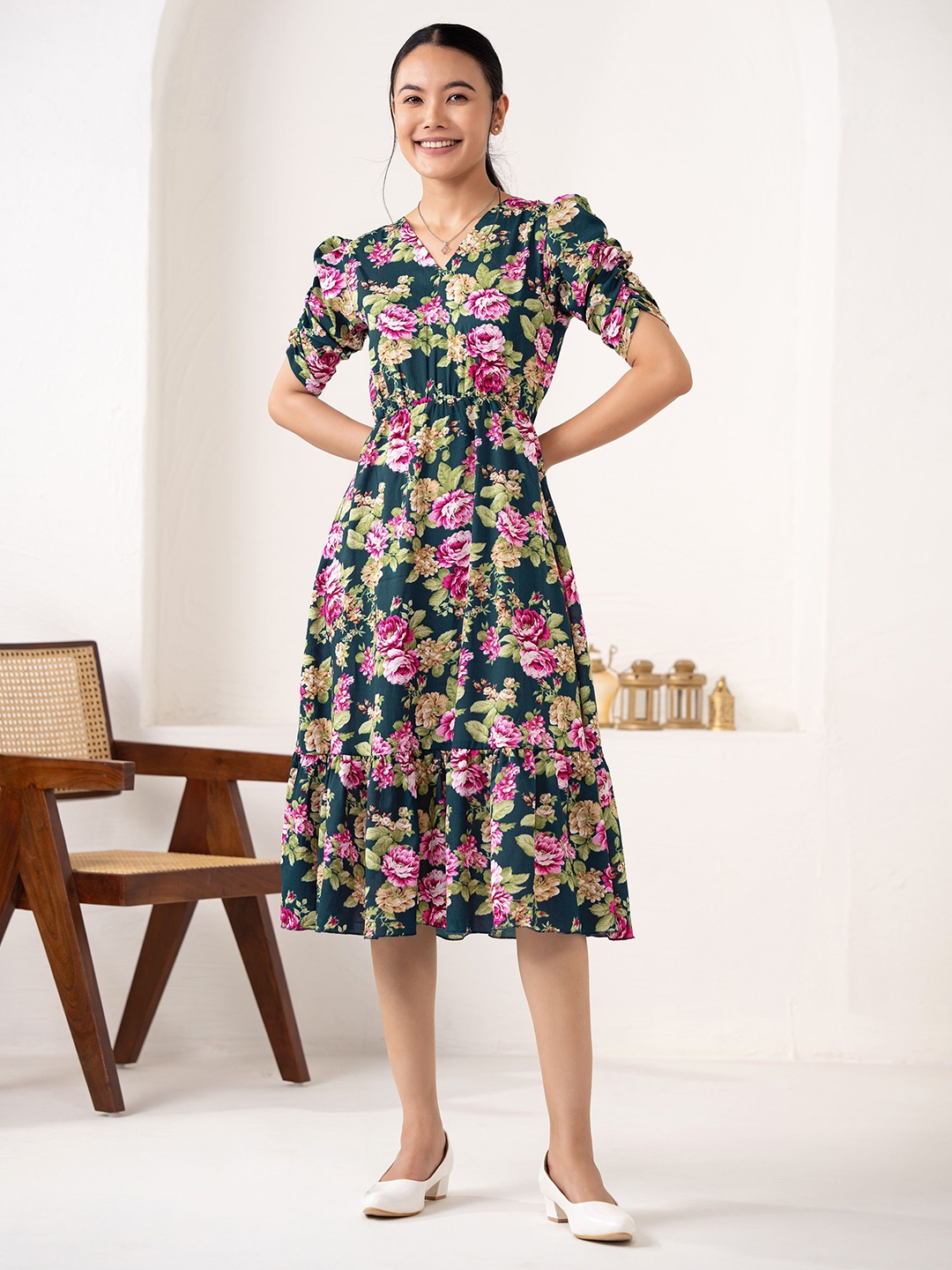 

DressBerry Floral Printed Puff Sleeve Crepe Fit & Flare Dress, Blue