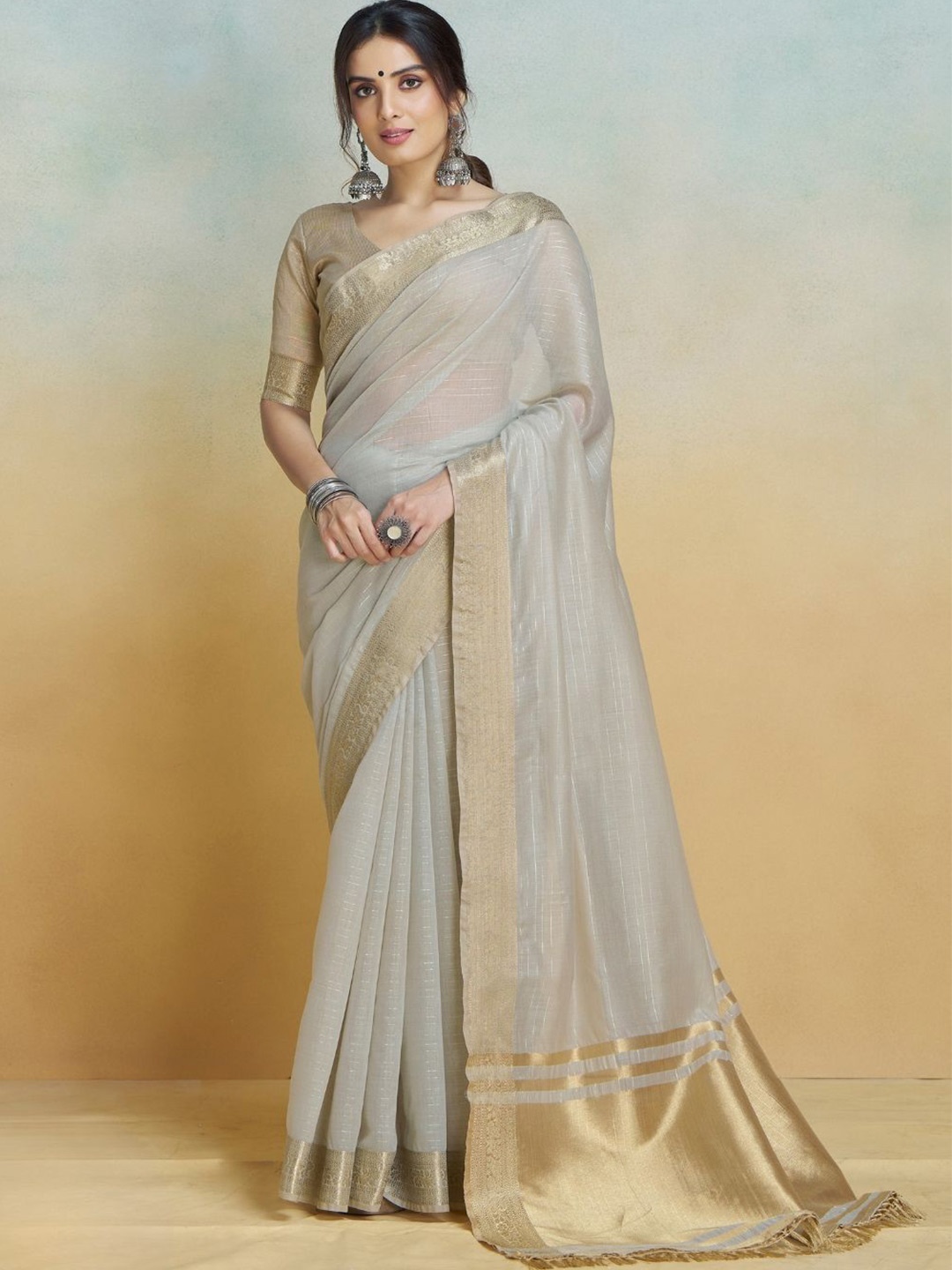 

DEVATITHI Striped Zari Grey Khadi Silk Saree