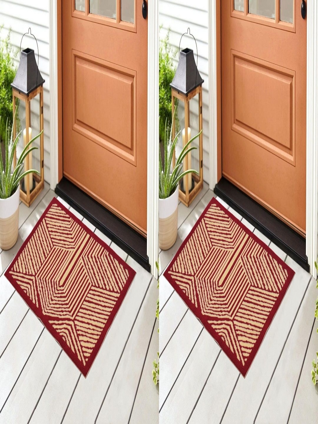 

Myntra Elegant Homes Red & Cream 2 Pieces Striped Cotton Rectangular Anti-Slip Doormats