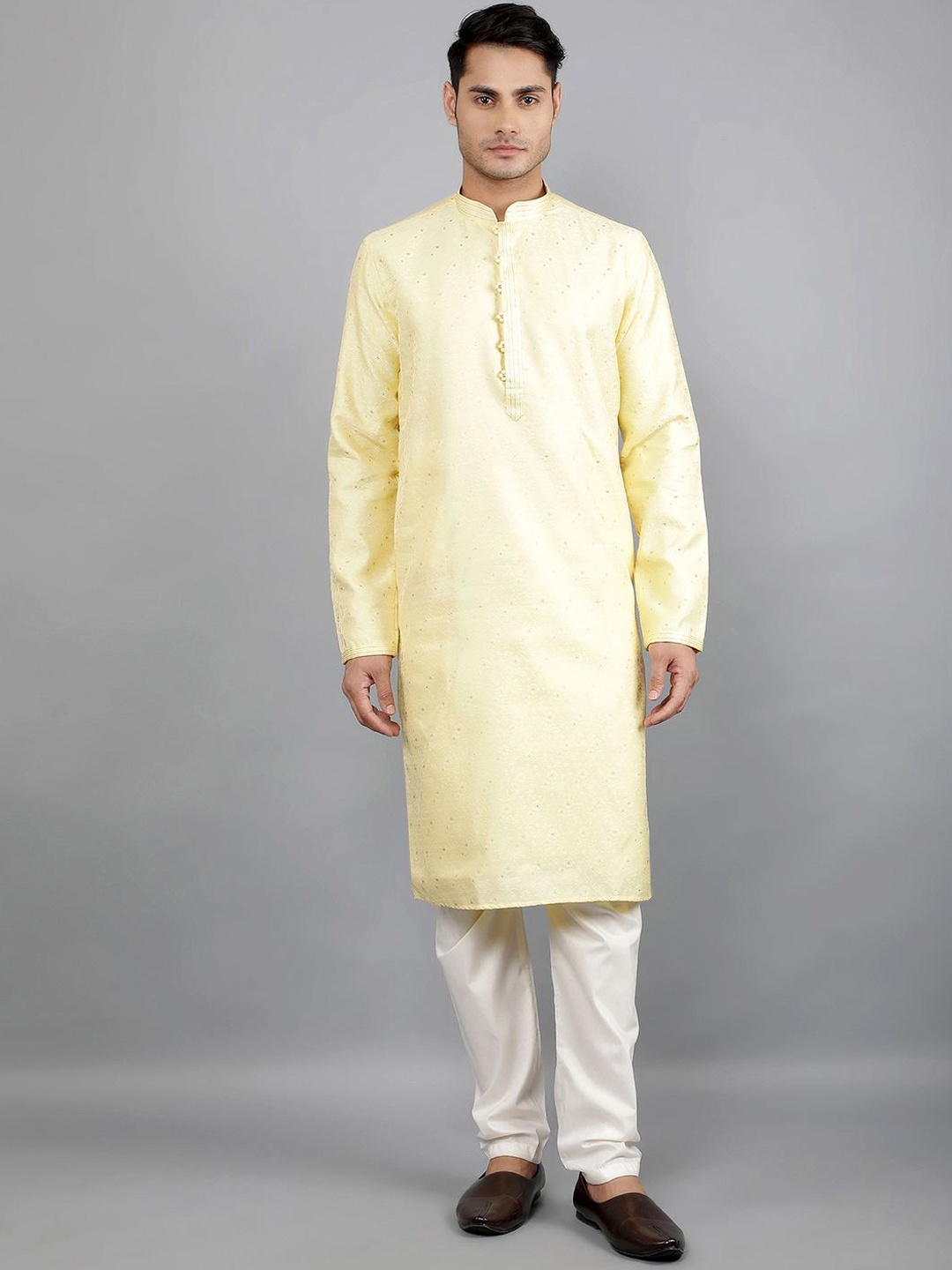 

Manish Creations Floral Woven Design Mandarin Collar Jacquard Straight Kurta With Churidar, Cream