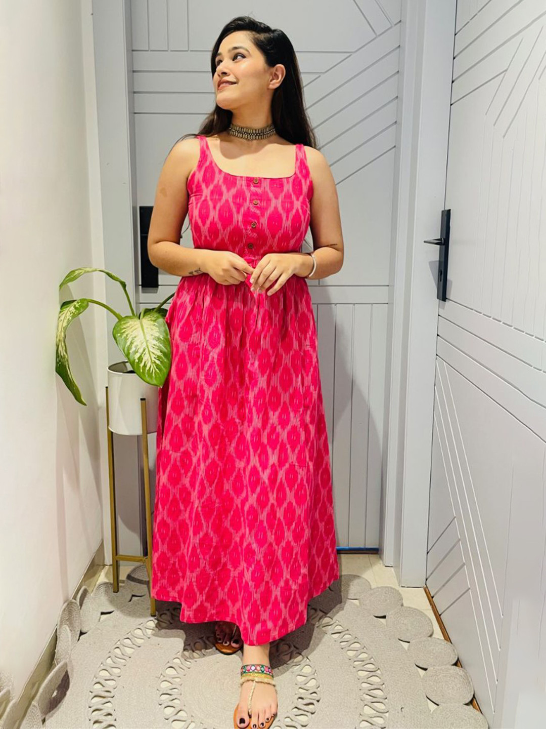 

Bohemian Dream Women Cotton Printed Shoulder Straps Maxi Dress, Fuchsia