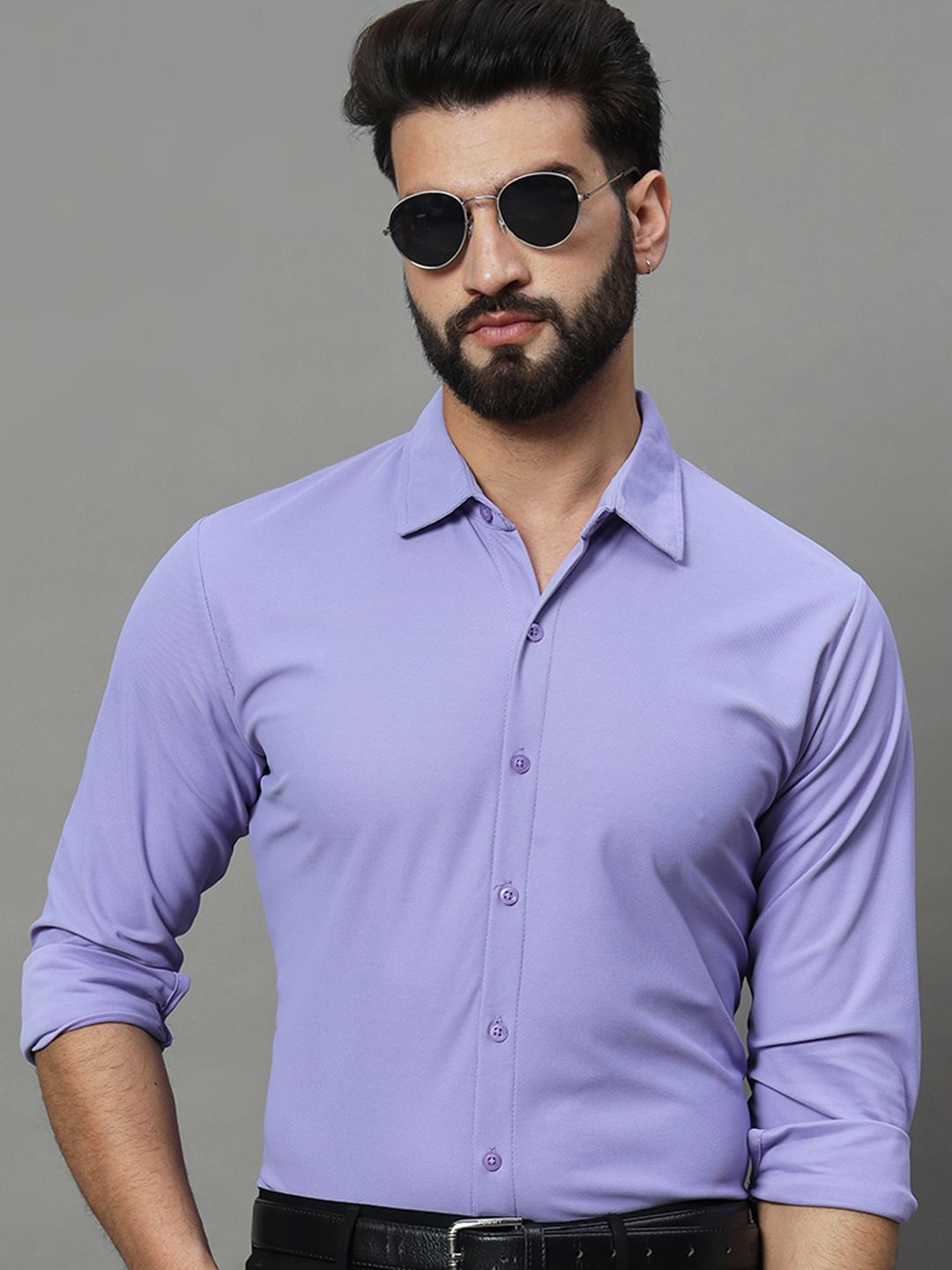 

RENUOVO Men Slim Fit Spread Collar Solid Cotton Formal Shirt, Lavender